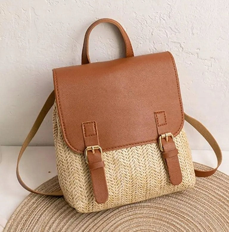 WICKER BACKPACK STRAW BOHO BAG BRAIDED WOMEN'S GIRLS BROWN Packaging status original