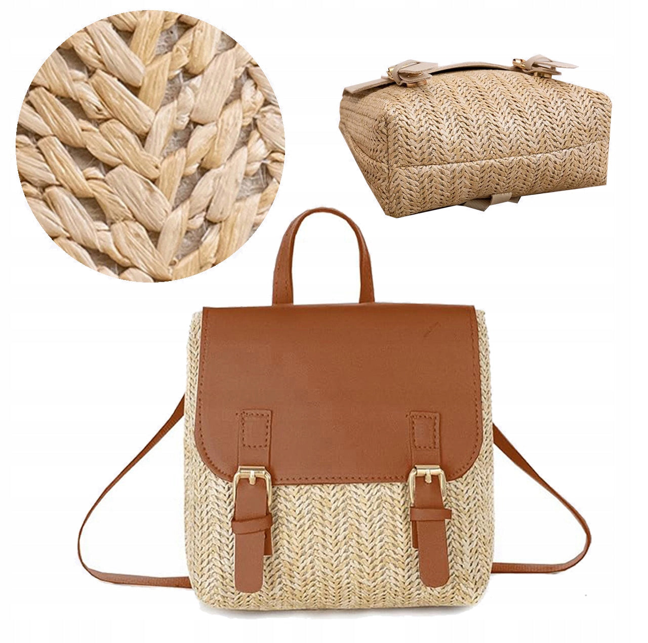 WICKER BACKPACK STRAW BOHO BAG BRAIDED WOMEN'S GIRLS BROWN