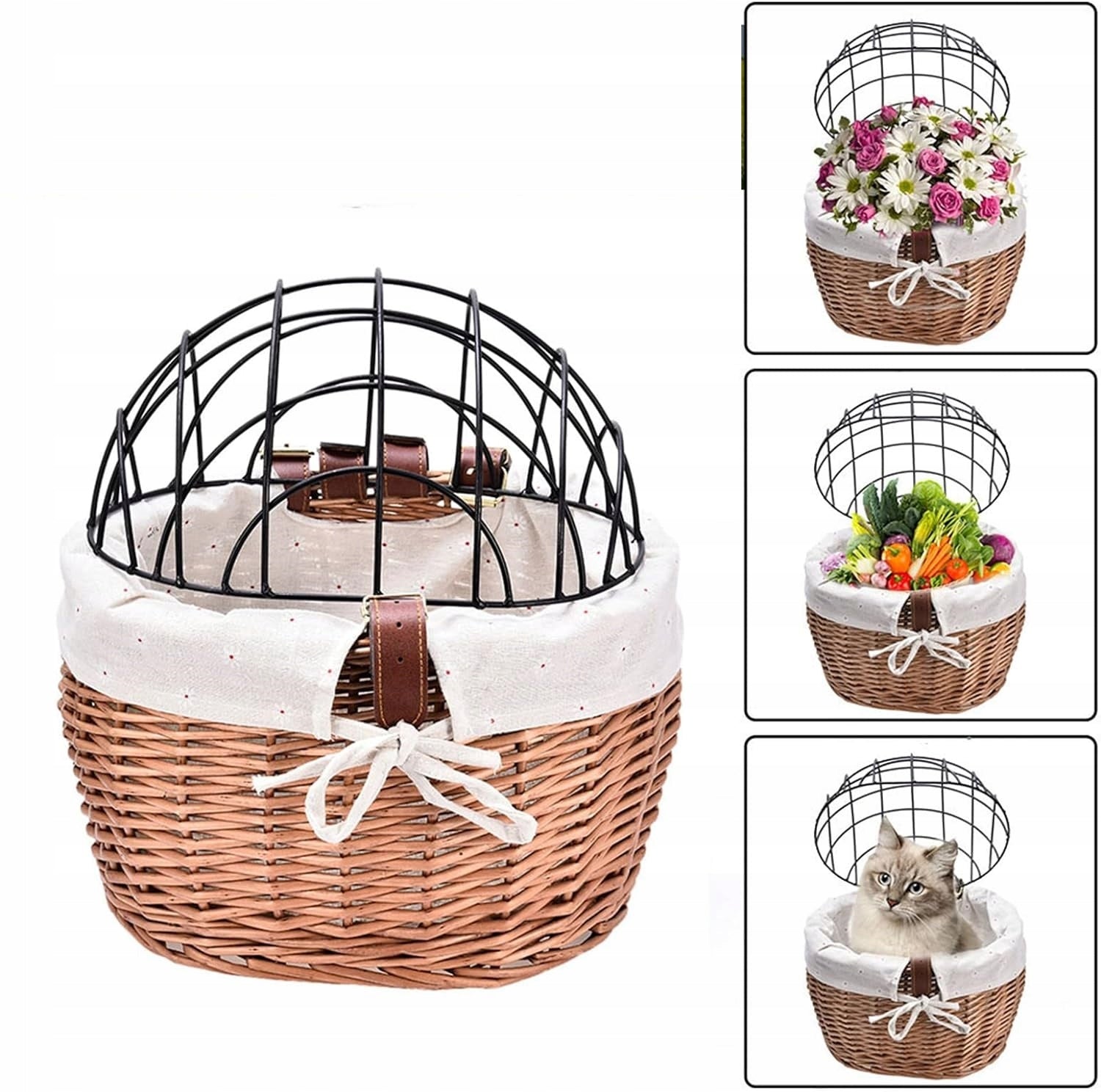 WICKER BASKET FOR CAT DOG BIKE TRANSPORTER WITH GRILLE REMOVABLE BASKET Size M