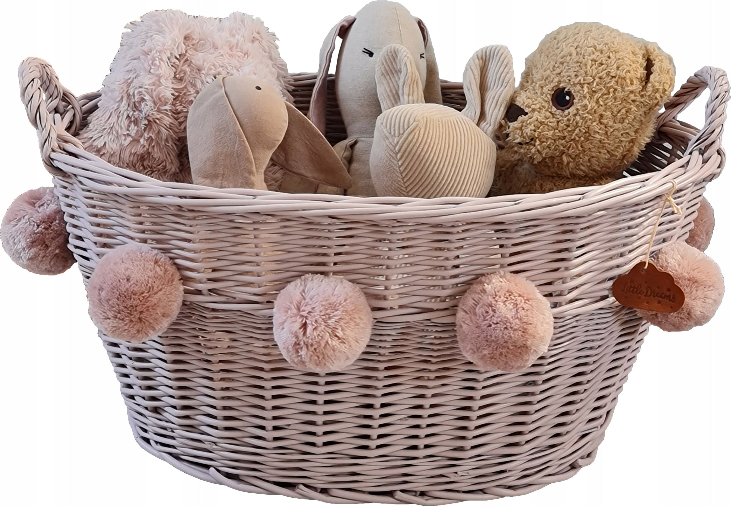 WICKER BASKET FOR TOYS DIRTY PINK OVAL POMPOM