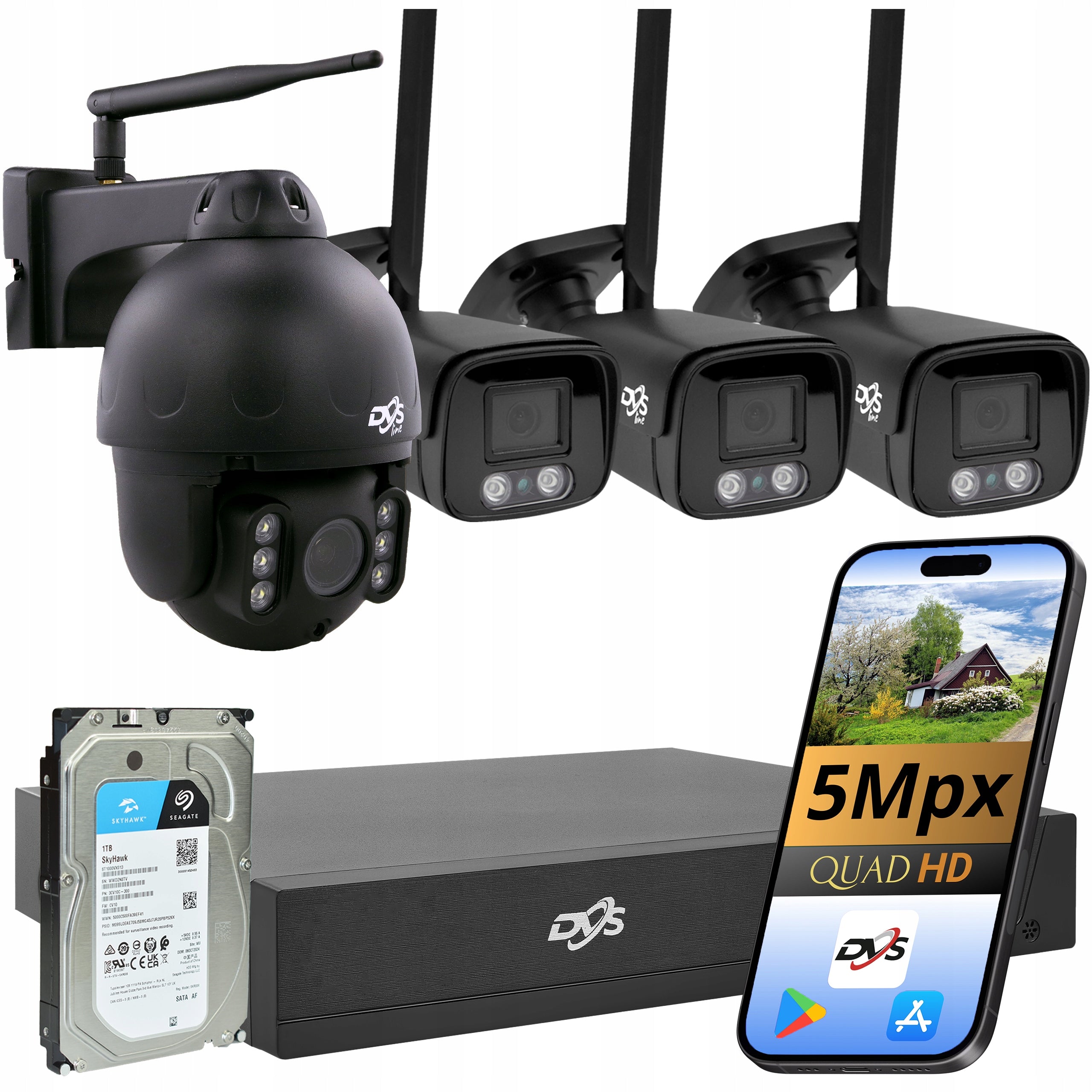 WIFI CAMERA SET 3 BLACK CAMERAS 1 ROTATING OUTDOOR CAMERAS FOR HOME 1TB
