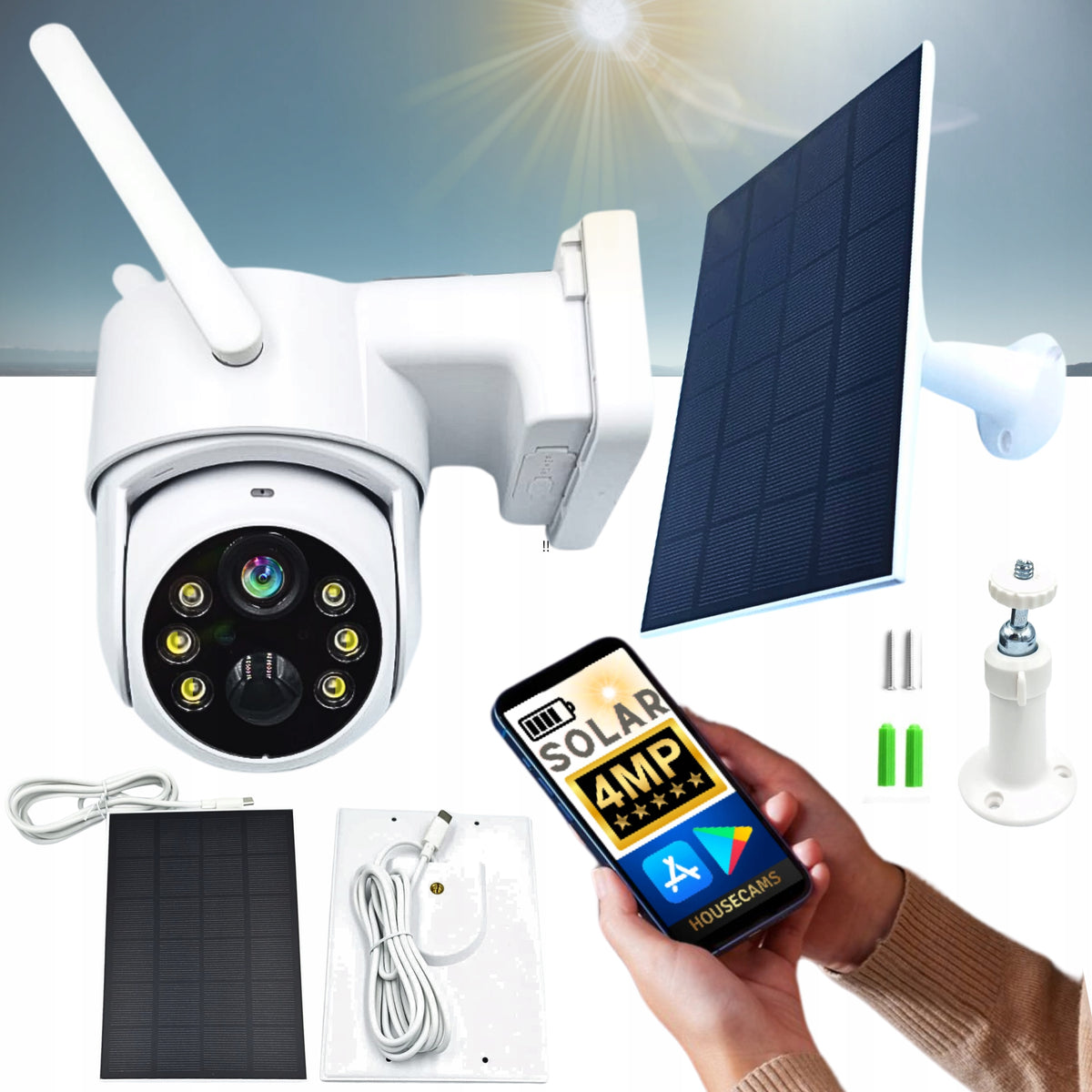 WIFI IP Camera Solar Outdoor Rotating 4MPX Alarm WHITE QHD BATTERY OPERATED