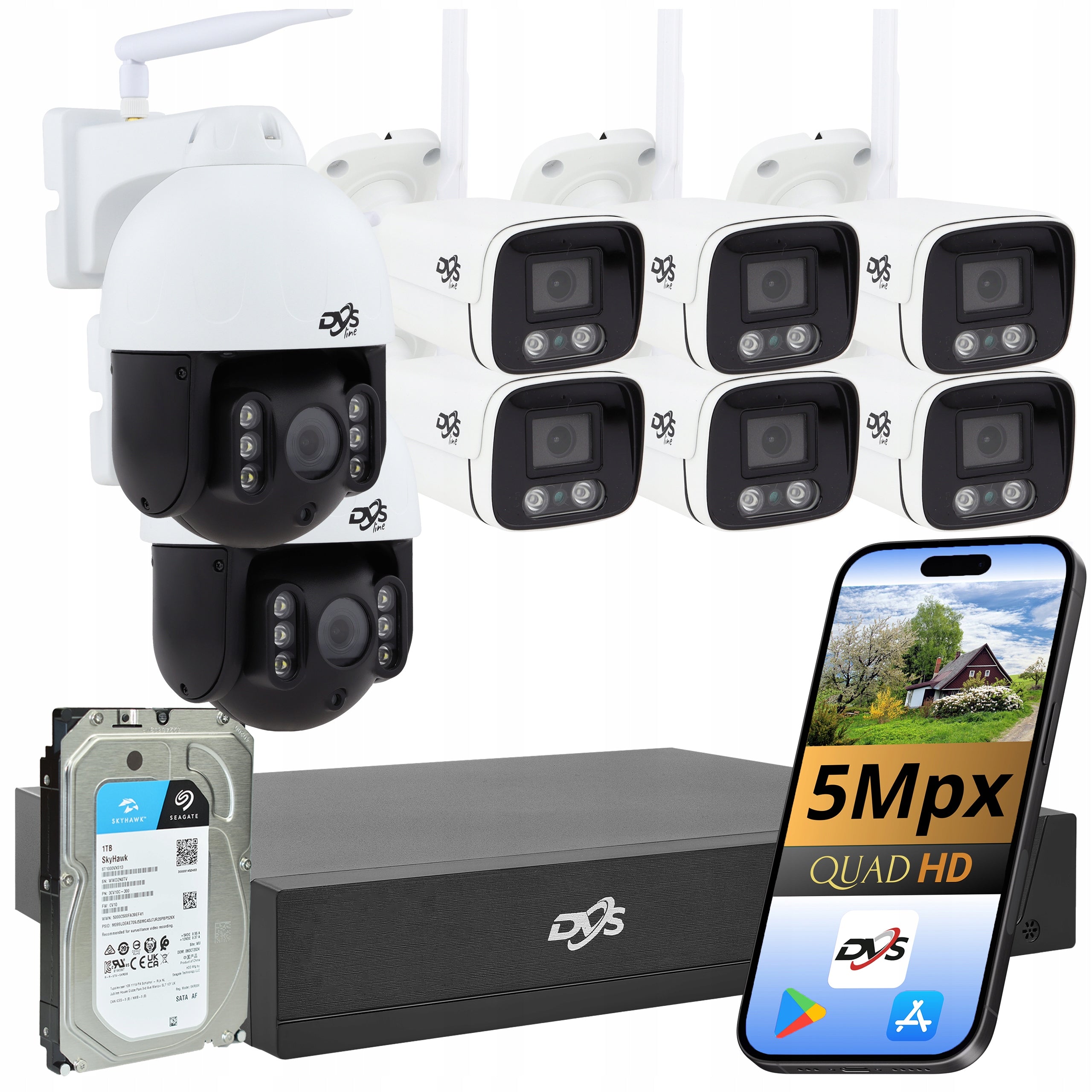 WIFI SURVEILLANCE KIT 6x TUBE 2x ROTATING OUTDOOR CAMERAS DISK 1TB 5Mpx
