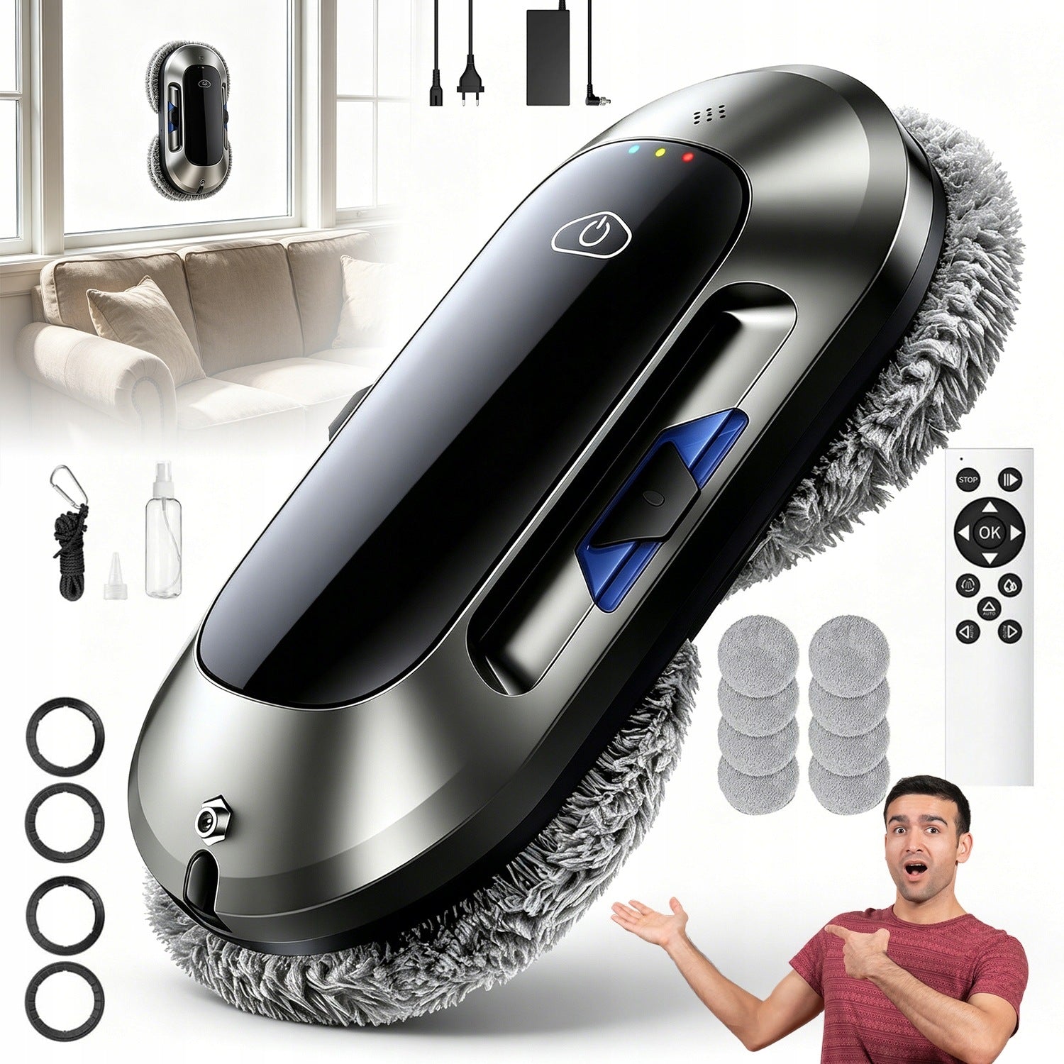 WINDOW CLEANING ROBOT WITH EMERGENCY POWER SUPPLY AND SPRAY FUNCTION