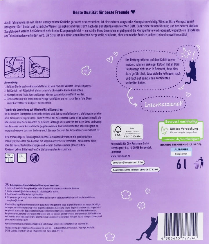 WINSTON CLUMPING BENTONITE LITTER WITH THE SMELL OF INFANT POWDER 6 L Manufacturer code 4 305615 727240