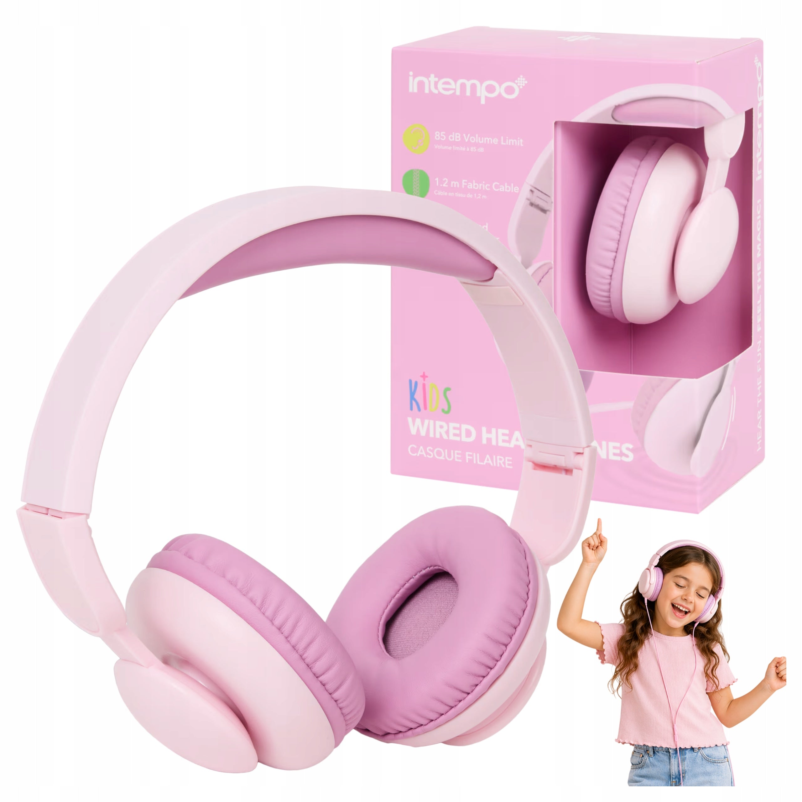 WIRED ON-EAR HEADPHONES FOR KIDS FOLDING PINK WITH MICROPHONE JACK