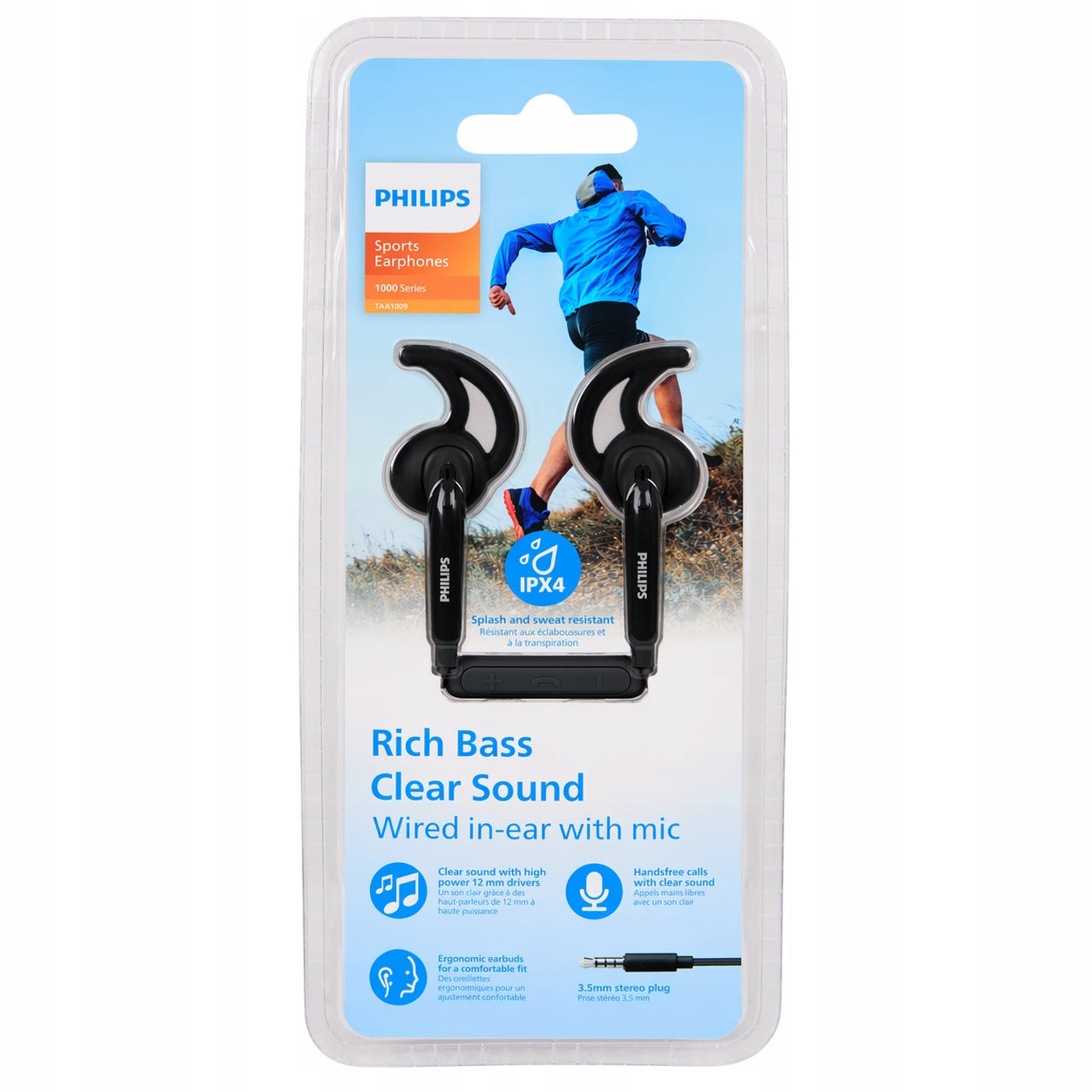 WIRED SPORTS RUNNING HEADPHONES BLACK WITH IPX4 MICROPHONE Manufacturer code słuchawki sportowe przewodowe odporne na pot