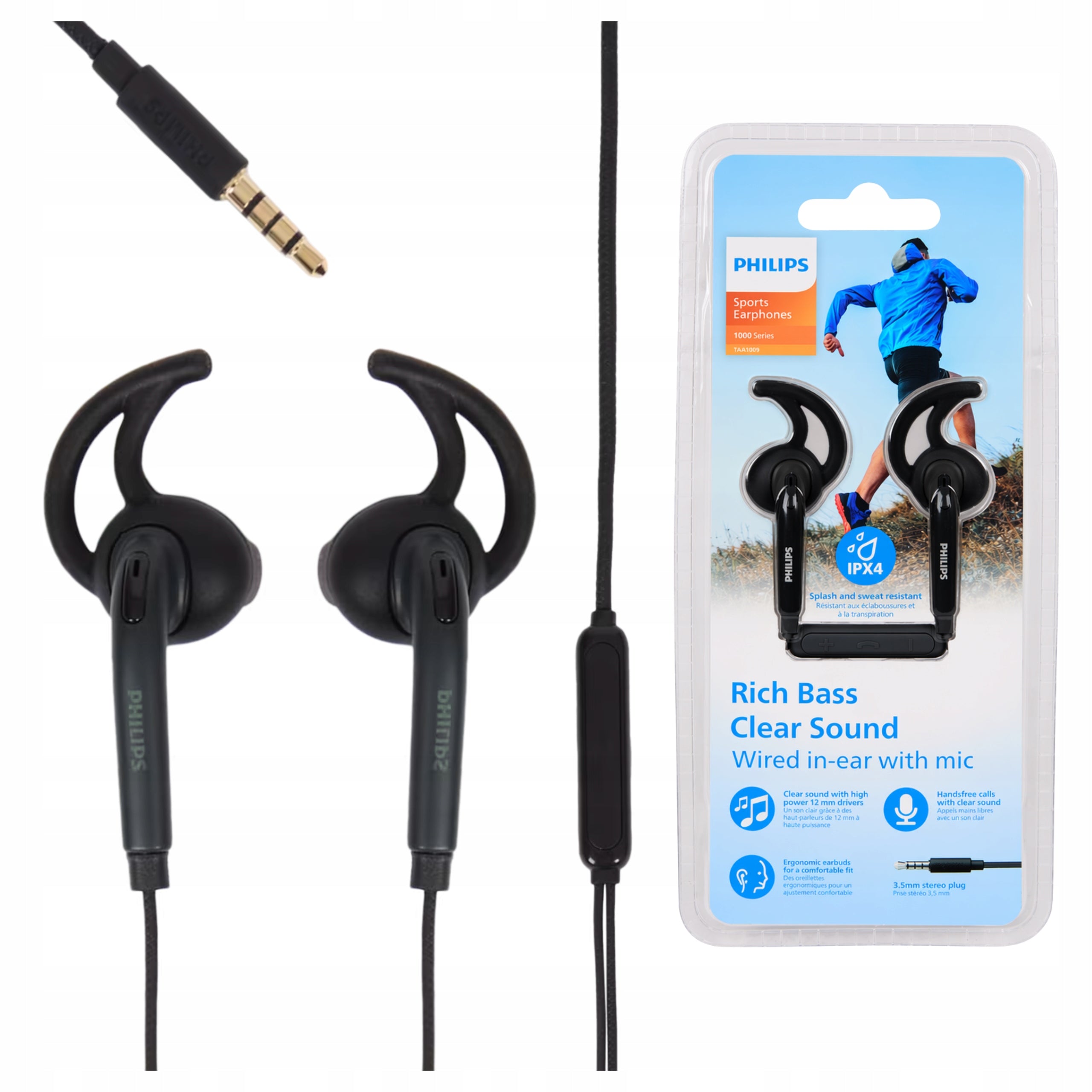 WIRED SPORTS RUNNING HEADPHONES BLACK WITH IPX4 MICROPHONE