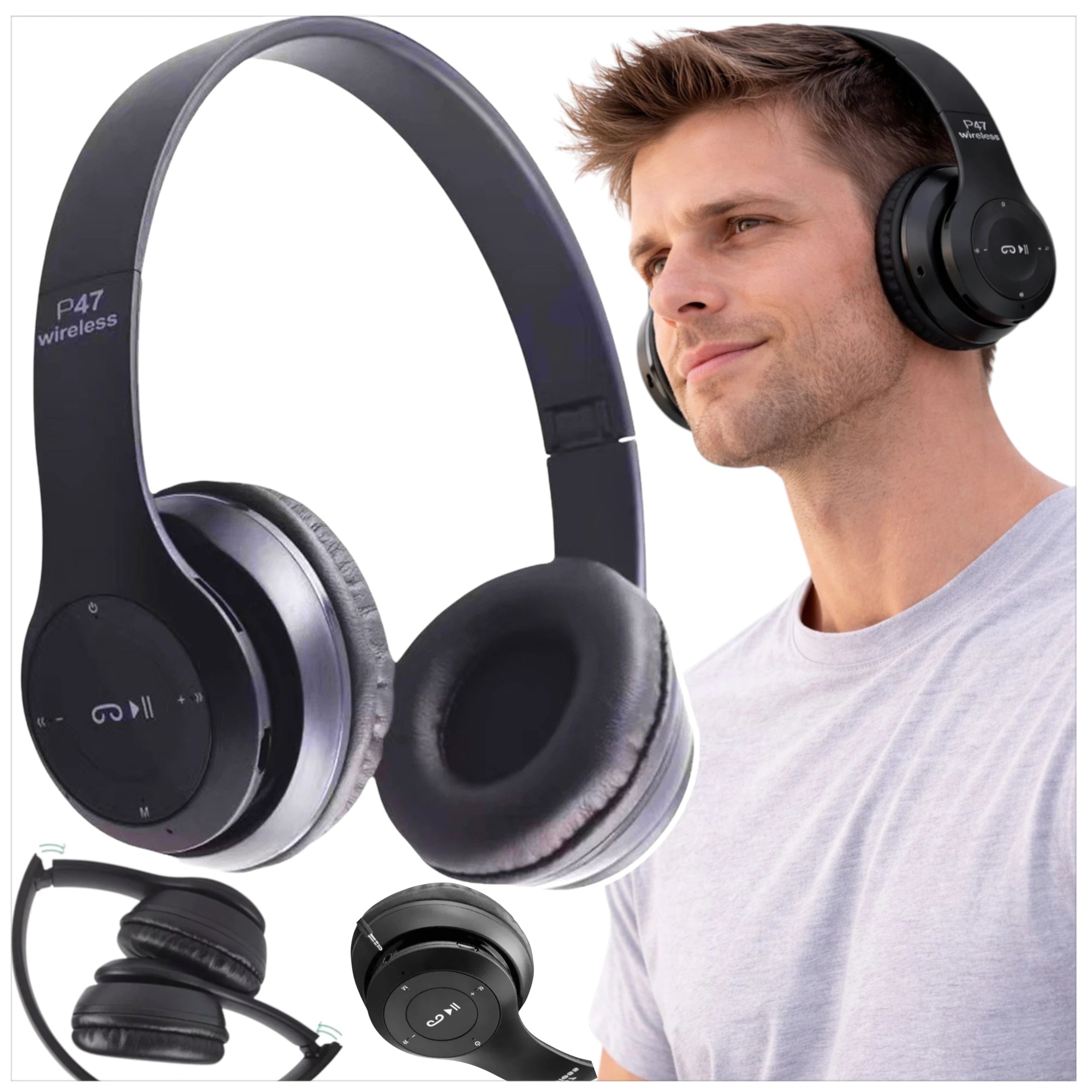 WIRELESS BLUETOOTH HEADPHONES ON-EAR MICROPHONE BLACK MULTIFUNCTION Packaging status original