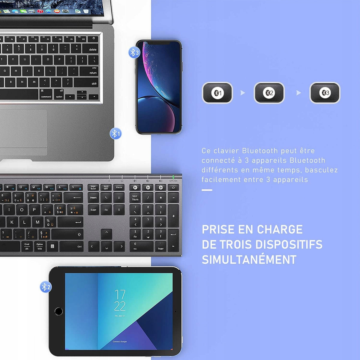 WIRELESS BLUETOOTH KEYBOARD GREY AZERTY J. FRENCH 3 CHANNELS Packaging status original