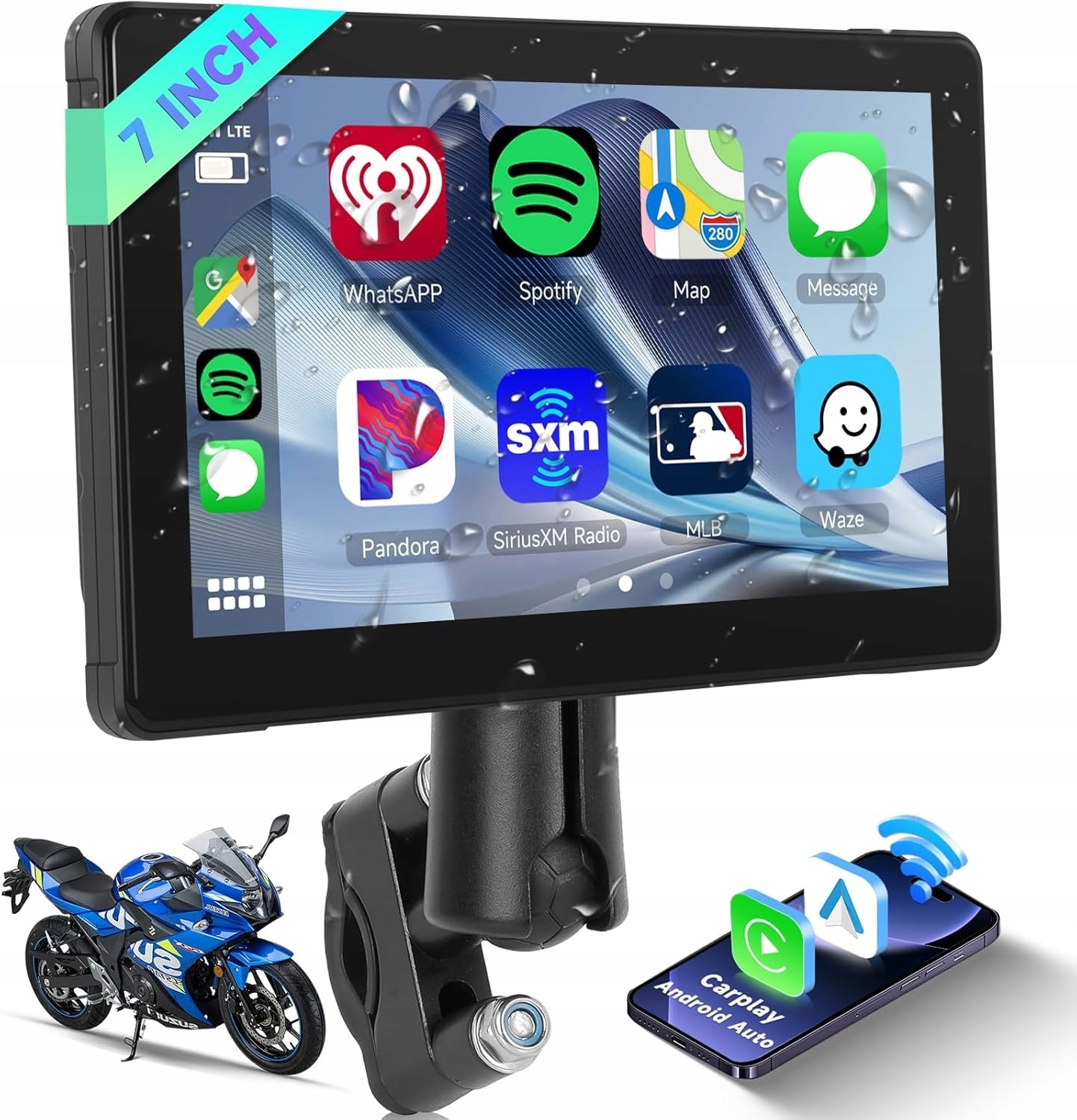 WIRELESS CARPLAY DISPLAY 7" MOTORCYCLE IP6 BT GPS