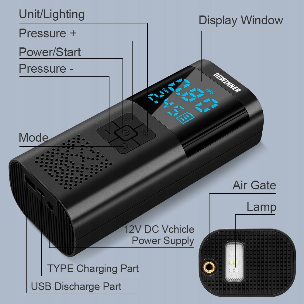 WIRELESS ELECTRIC PUMP, PORTABLE FOR BICYCLES AND CARS AIR PUMP Manufacturer code DE-C072