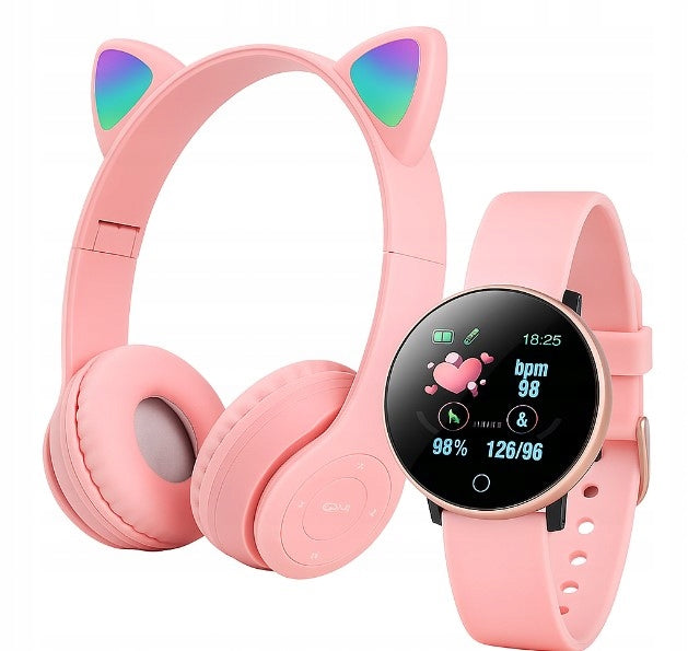 WIRELESS HEADPHONES CAT EARS + PINK SMART BAND 119S