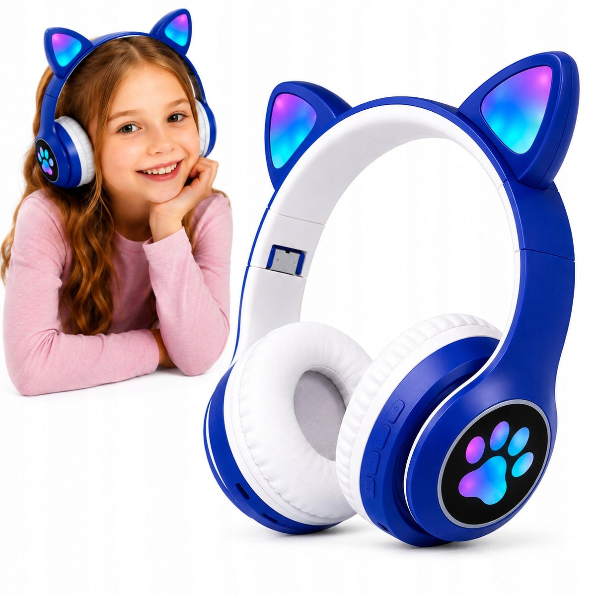 WIRELESS HEADPHONES FOR CHILDREN CAT EARS LED RGB MICROPHONE BLUE