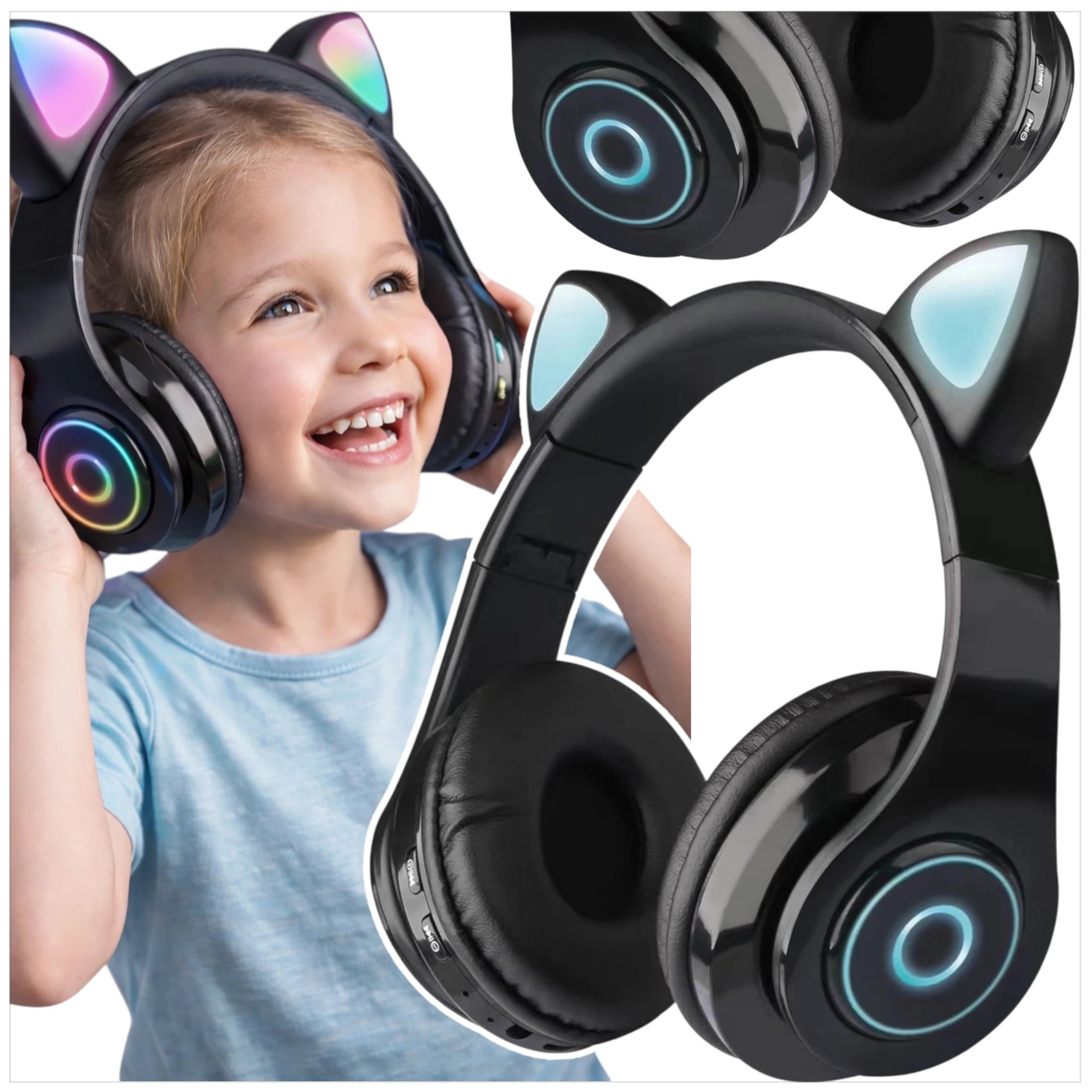 WIRELESS HEADPHONES FOR CHILDREN WITH MICROPHONE CAT EARS LED ON-EAR B39 Packaging status original