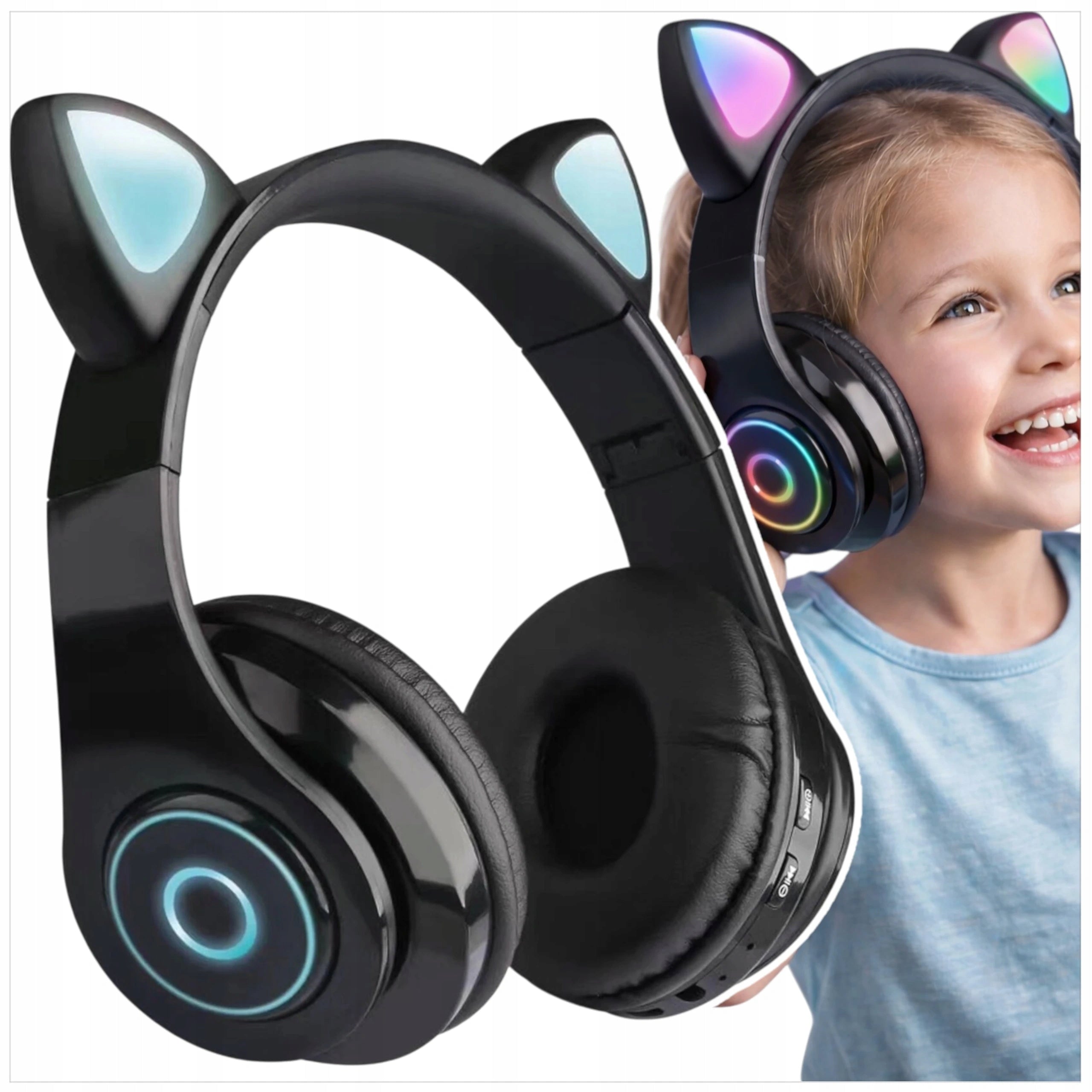 WIRELESS HEADPHONES FOR CHILDREN WITH MICROPHONE CAT EARS LED ON-EAR B39