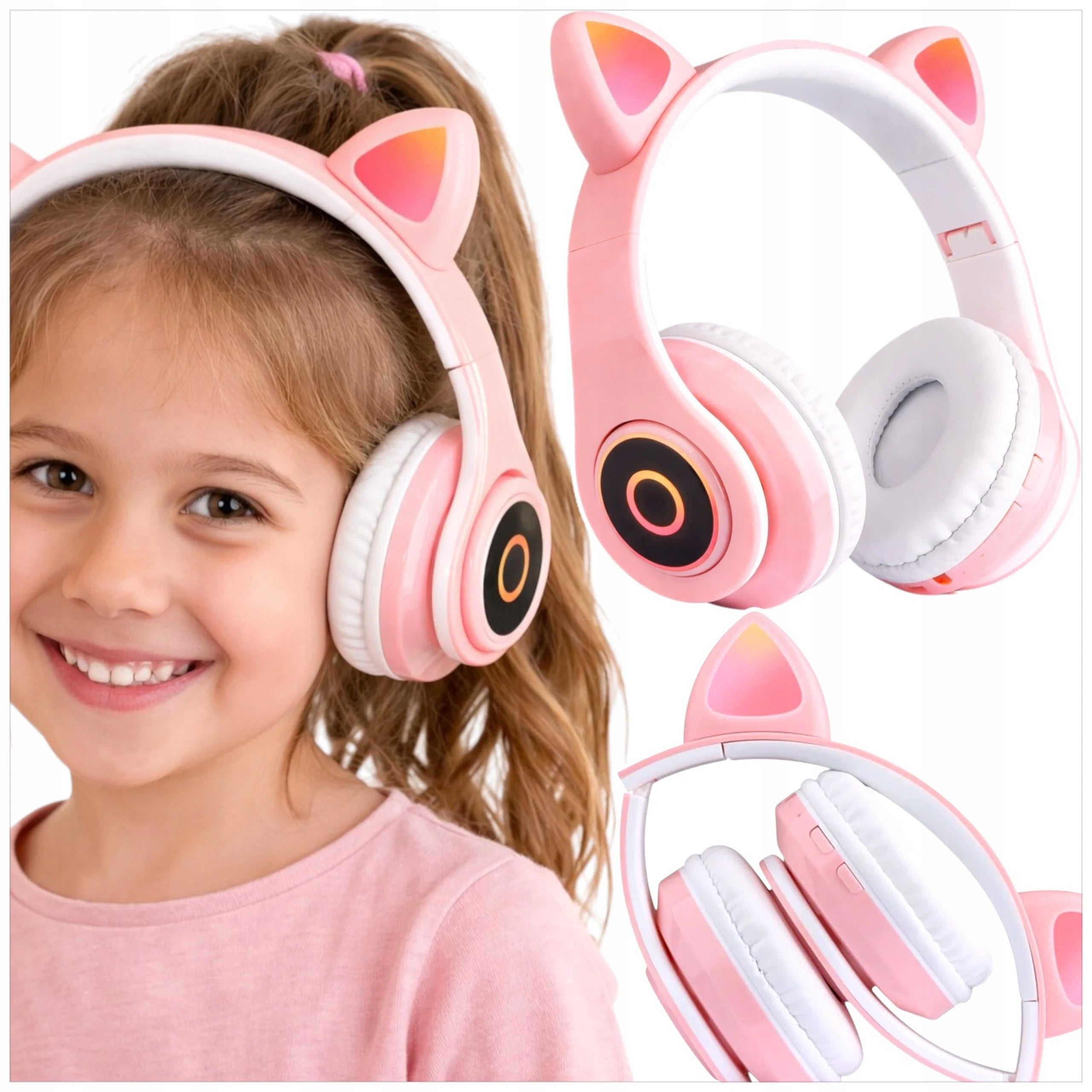 WIRELESS HEADPHONES FOR CHILDREN WITH MICROPHONE CAT EARS LED PINK B39