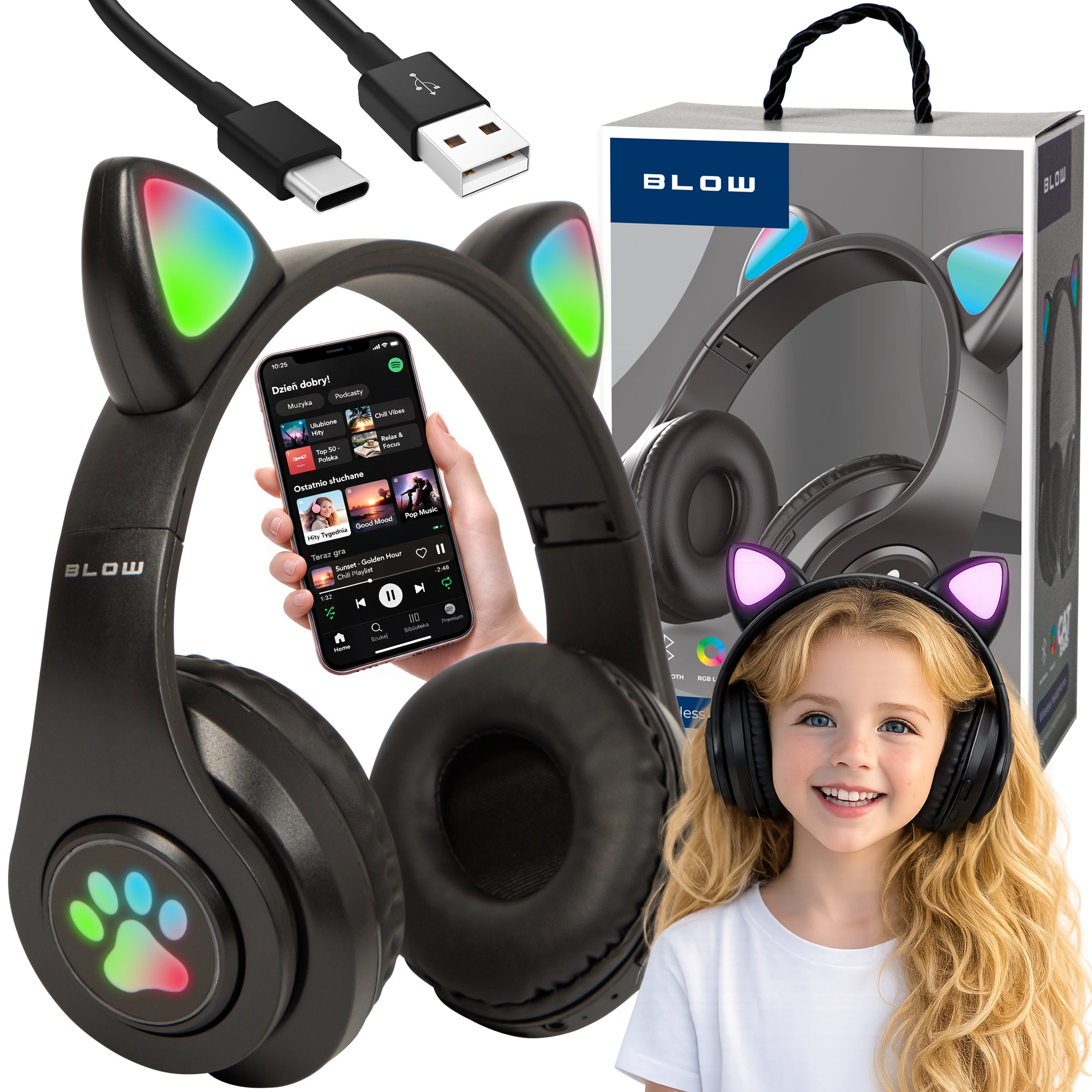WIRELESS HEADPHONES FOR KIDS BLUETOOTH MICROPHONE CAT EARS LED RGB