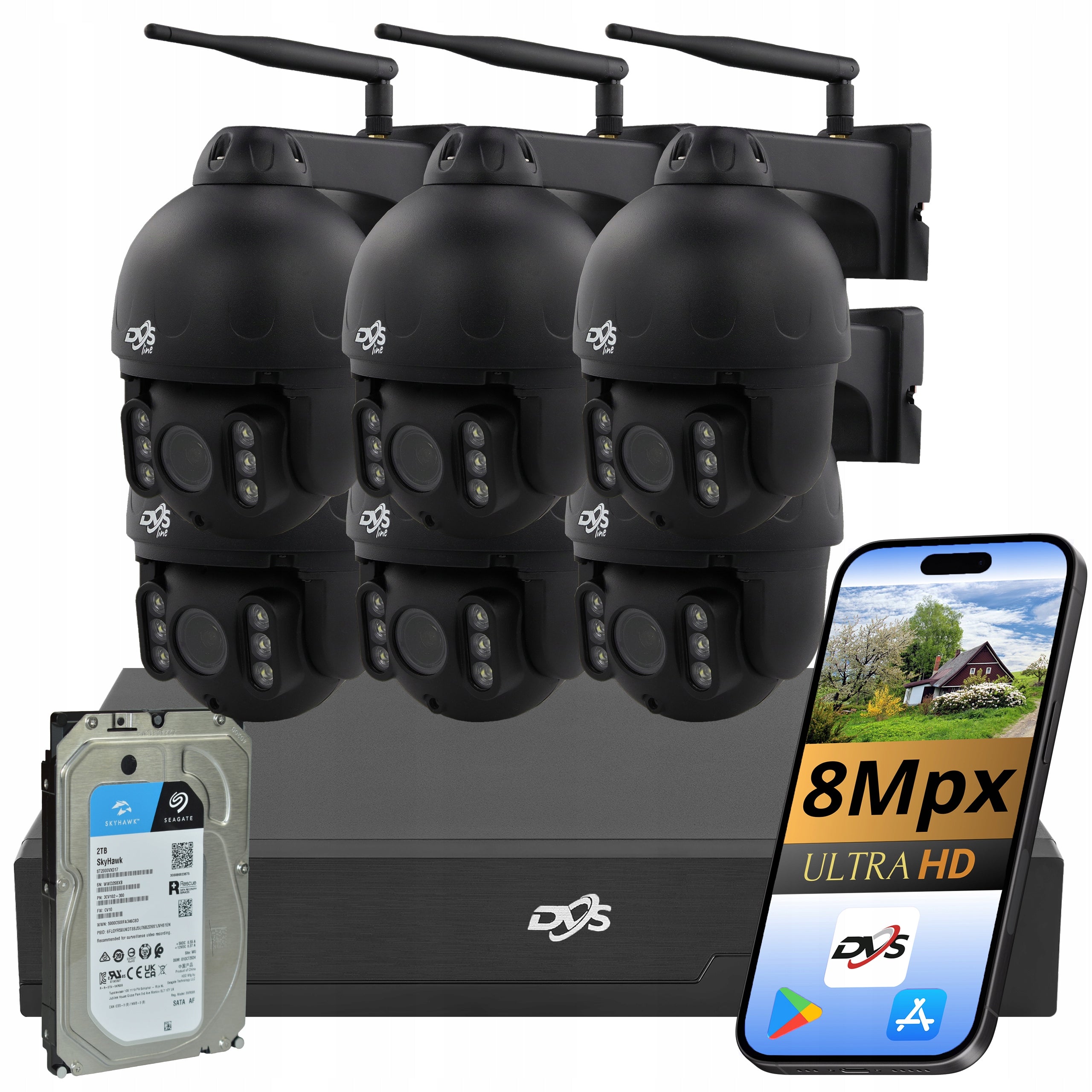 WIRELESS HOME SURVEILLANCE KIT 6 ROTATING WIFI CAMERAS 8Mpx 2TB