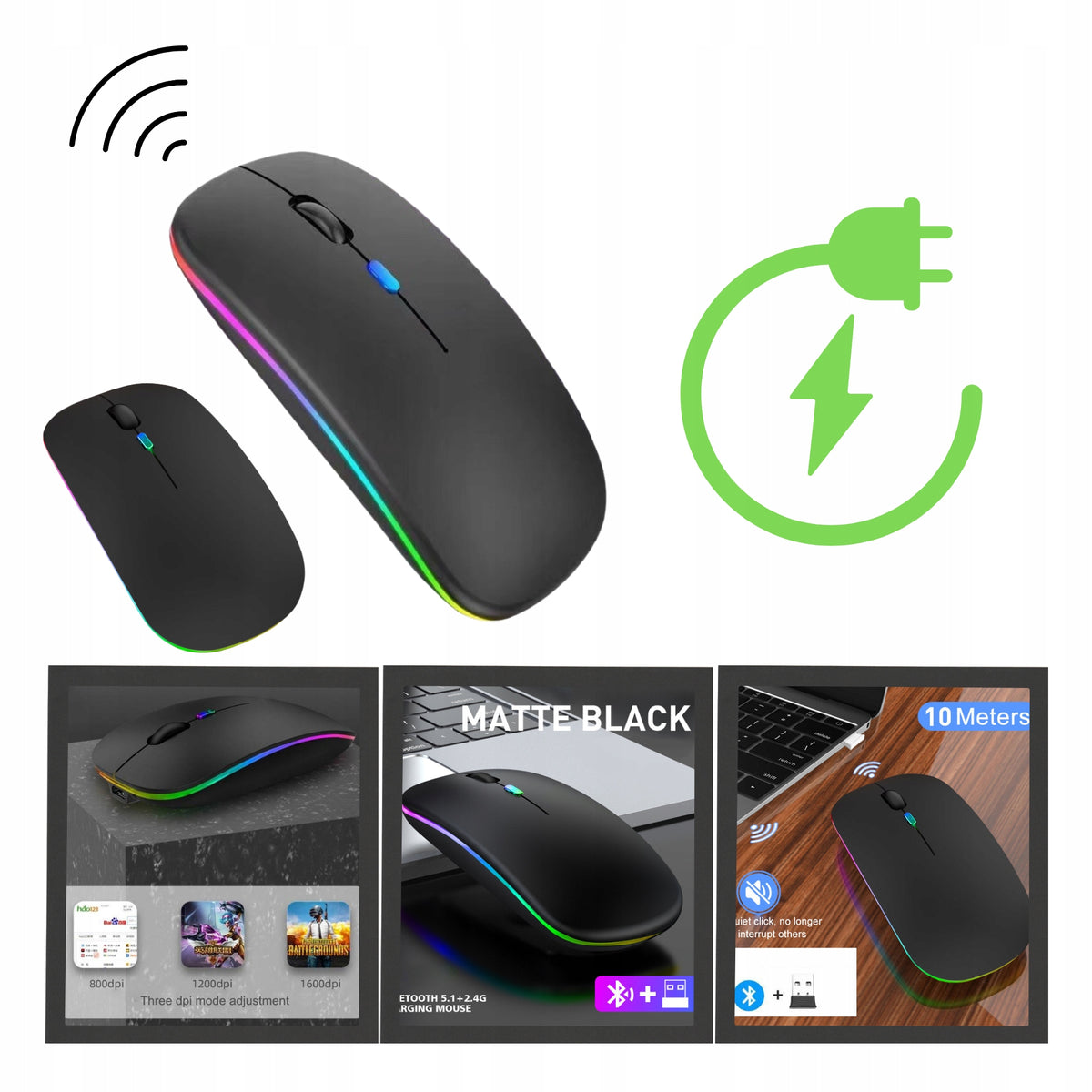 WIRELESS MOUSE SLIM LED CHARGED RGB Bluetooth+USB 2.4Ghz RECHARGEABLE
