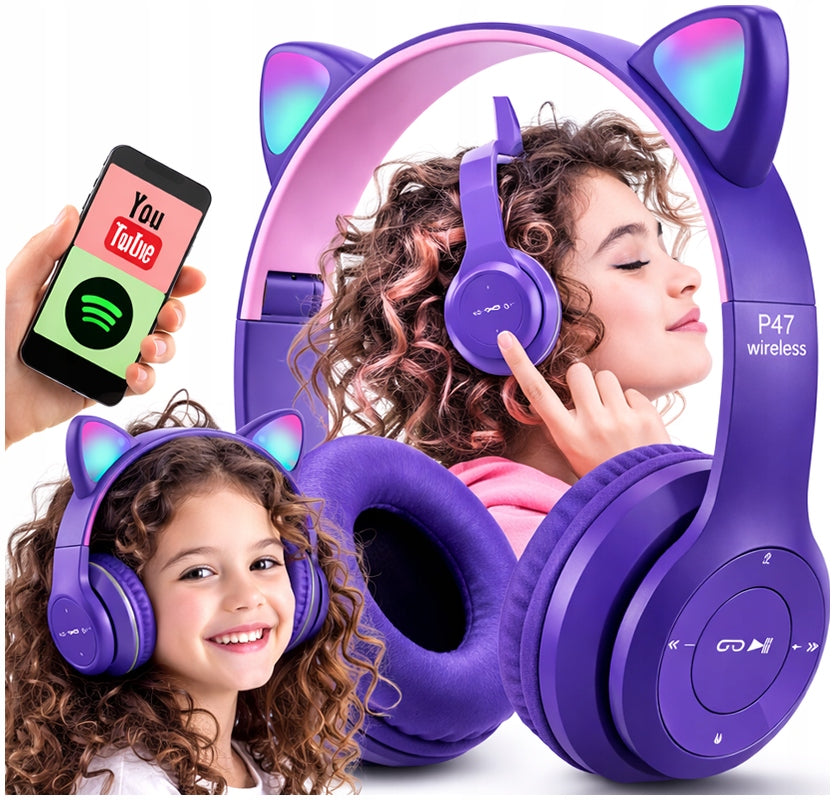 WIRELESS ON-EAR HEADPHONES FOR KIDS BLUETOOTH CAT EARS LED RGB