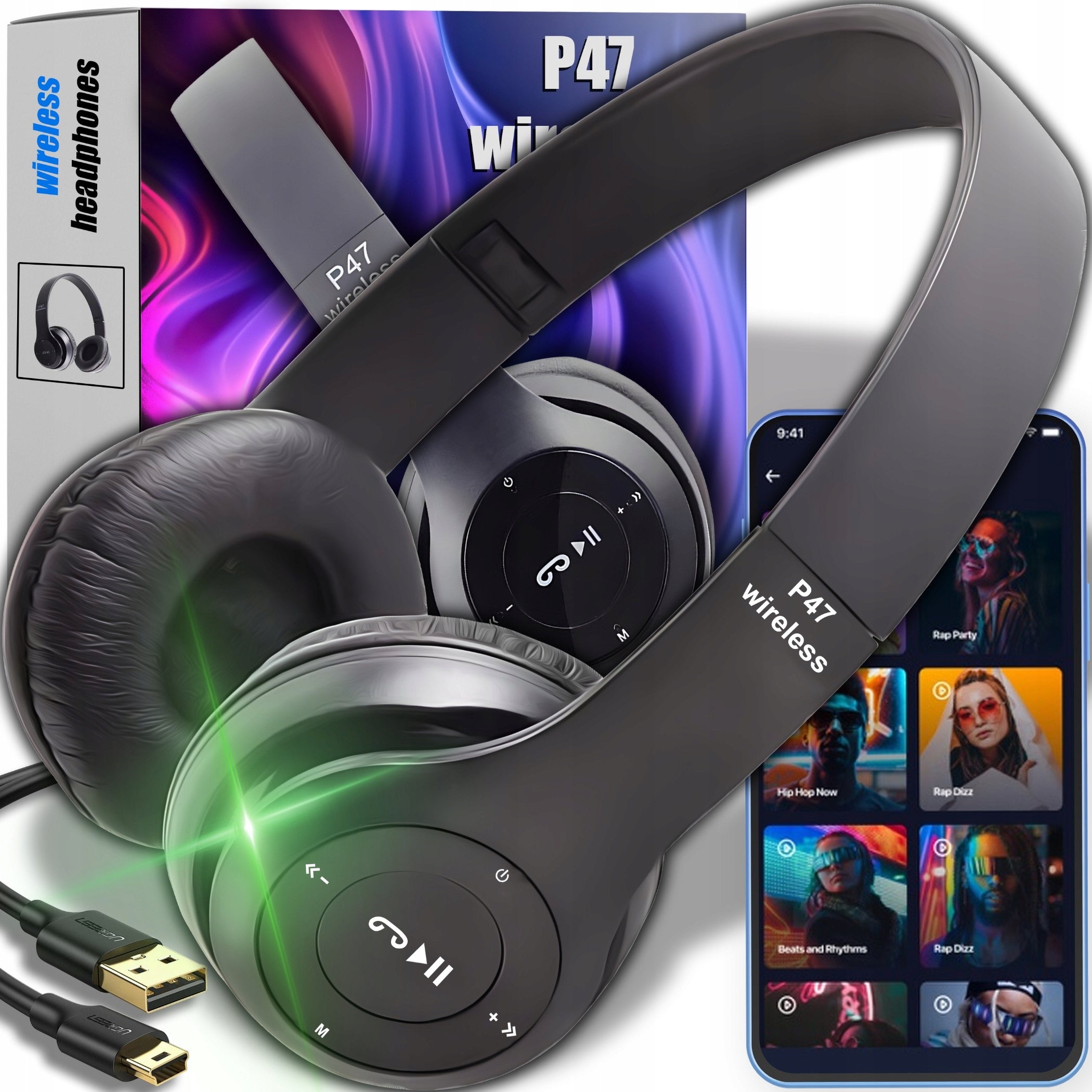WIRELESS ON-EAR HEADPHONES P47 BLUETOOTH MICROPHONE RANGE LARGE MP3