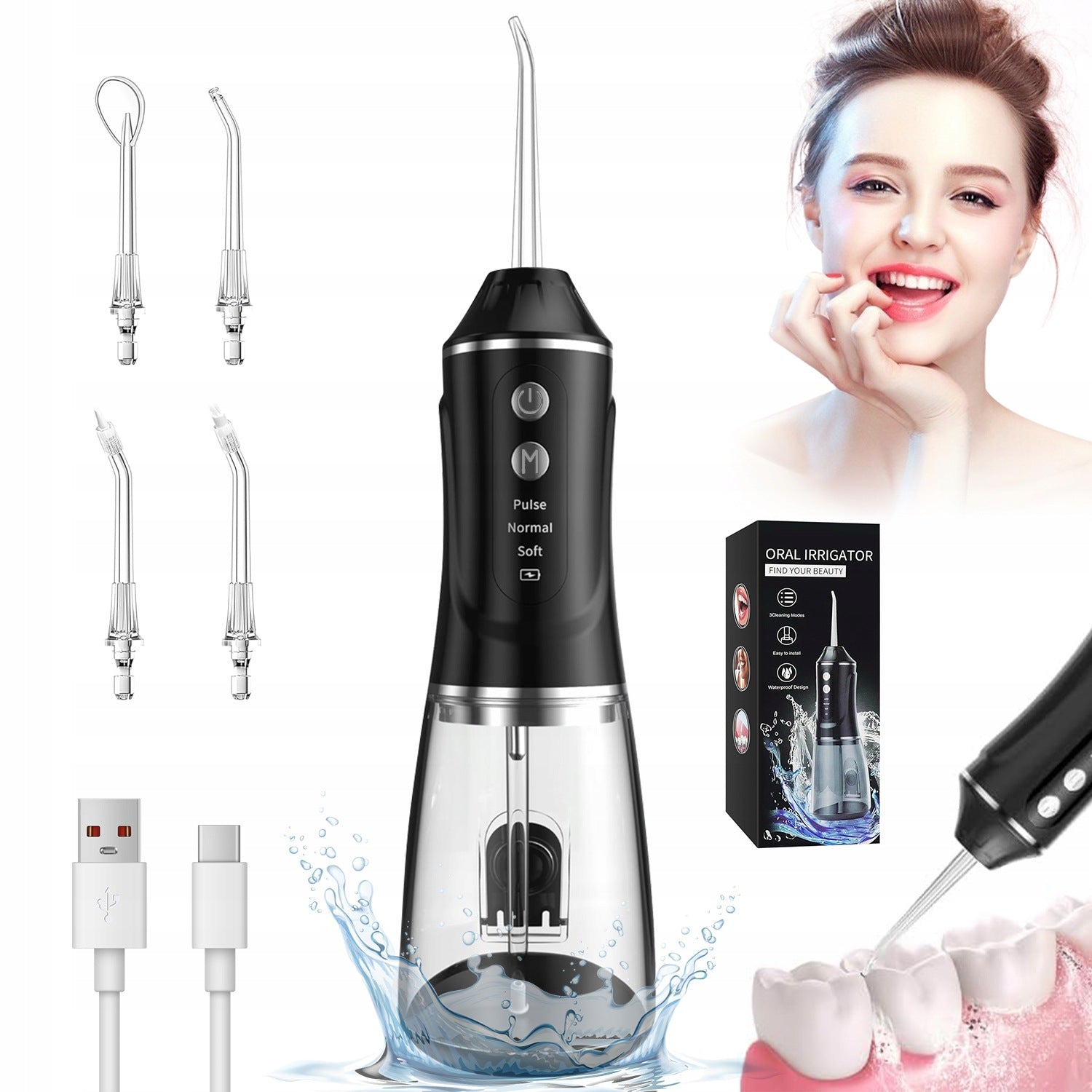WIRELESS TOOTH IRRIGATOR 380ML 1600 PULSES 3 MODES IPX7 BLACK