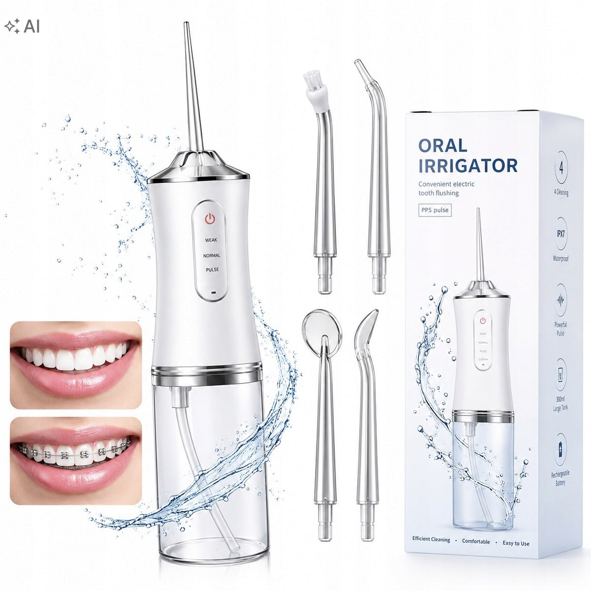 WIRELESS TOOTH IRRIGATOR 4 TIPS 3 DENTAL MODES STRONG 230ML