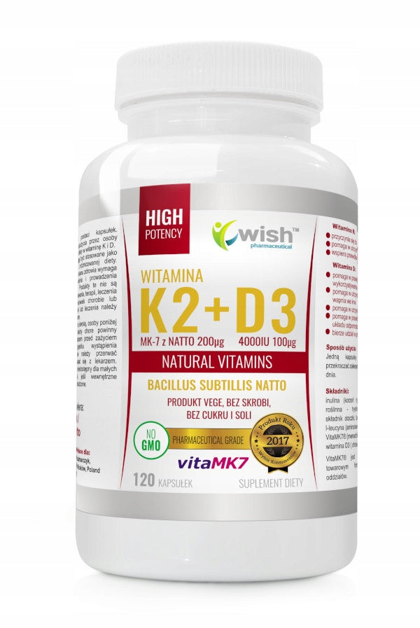 WISH Vitamin K2 200 ug + D3 2000 IU 120 capsules