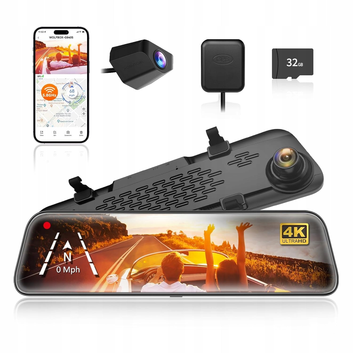 WOLFBOX Mirror Car Camera 12" Full HD 2160P GPS