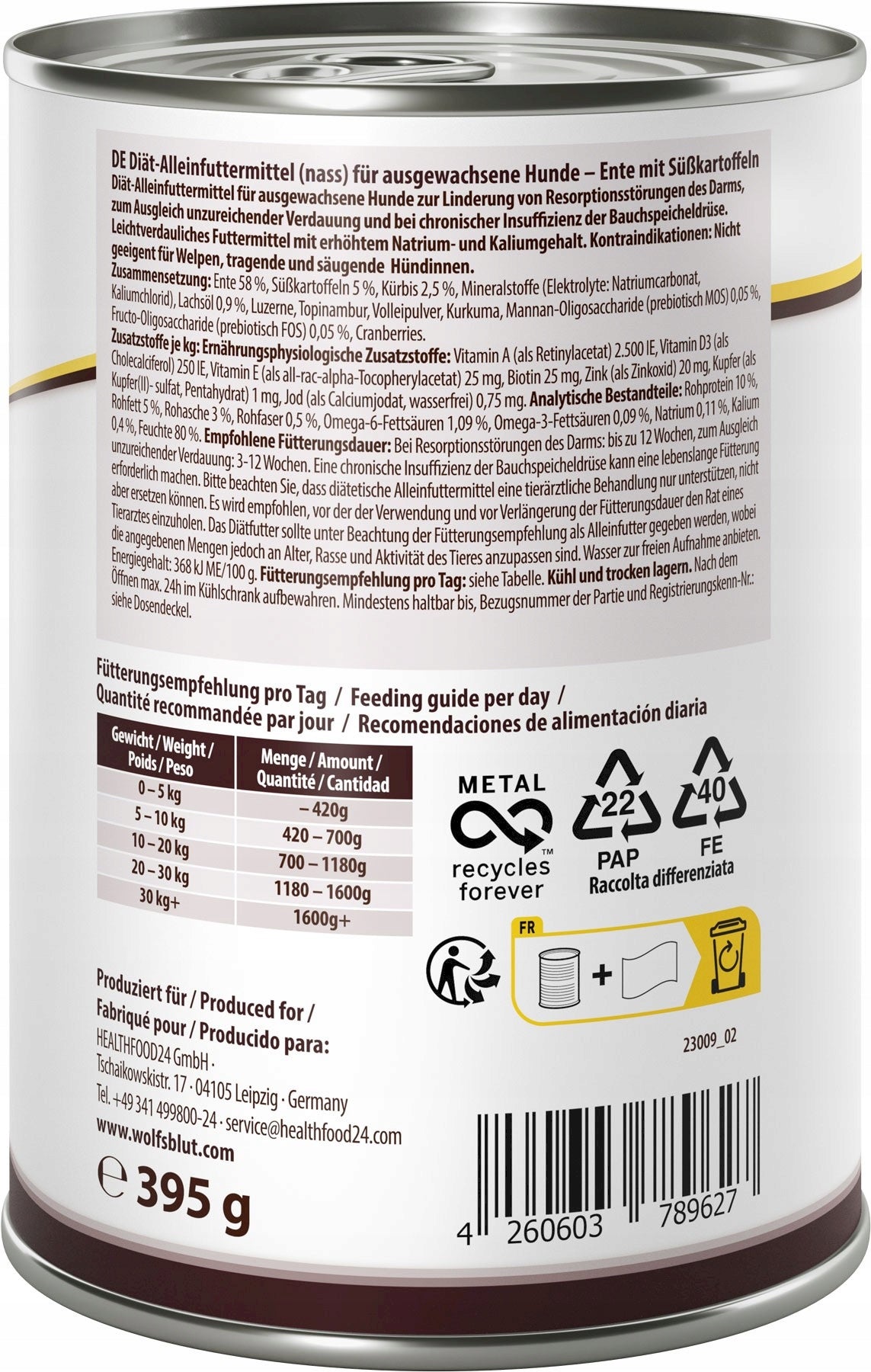 WOLFSBLUT VetLine Gastrointestinal Duck and Batata 395g Packaging status original