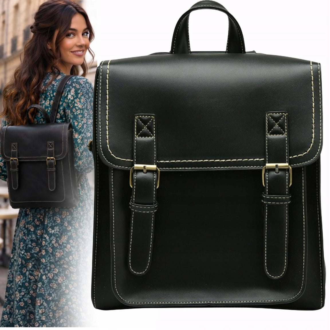 WOMEN'S BACKPACK 2in1 CITY SHOULDER BAG BLACK VINTAGE FOR SCHOOL WORK