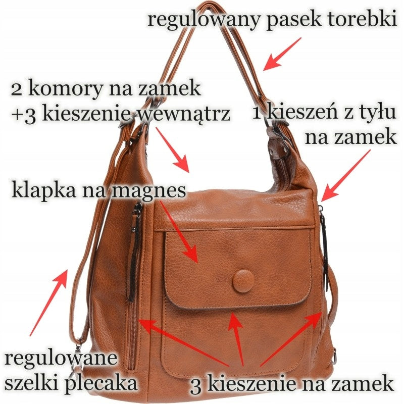WOMEN'S BACKPACK BAG ROOMY WOMEN'S BAG brown Manufacturer code obuwiejoanna.pl