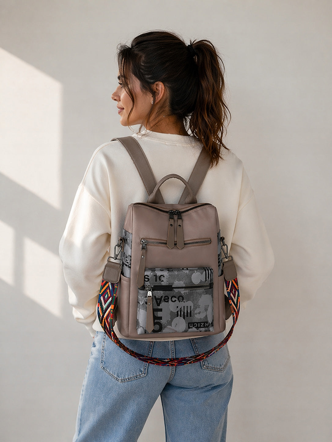 WOMEN'S BACKPACK BEIGE SMALL BACKPACK CITY SHOULDER BAG LIGHT 2IN1 Kind city