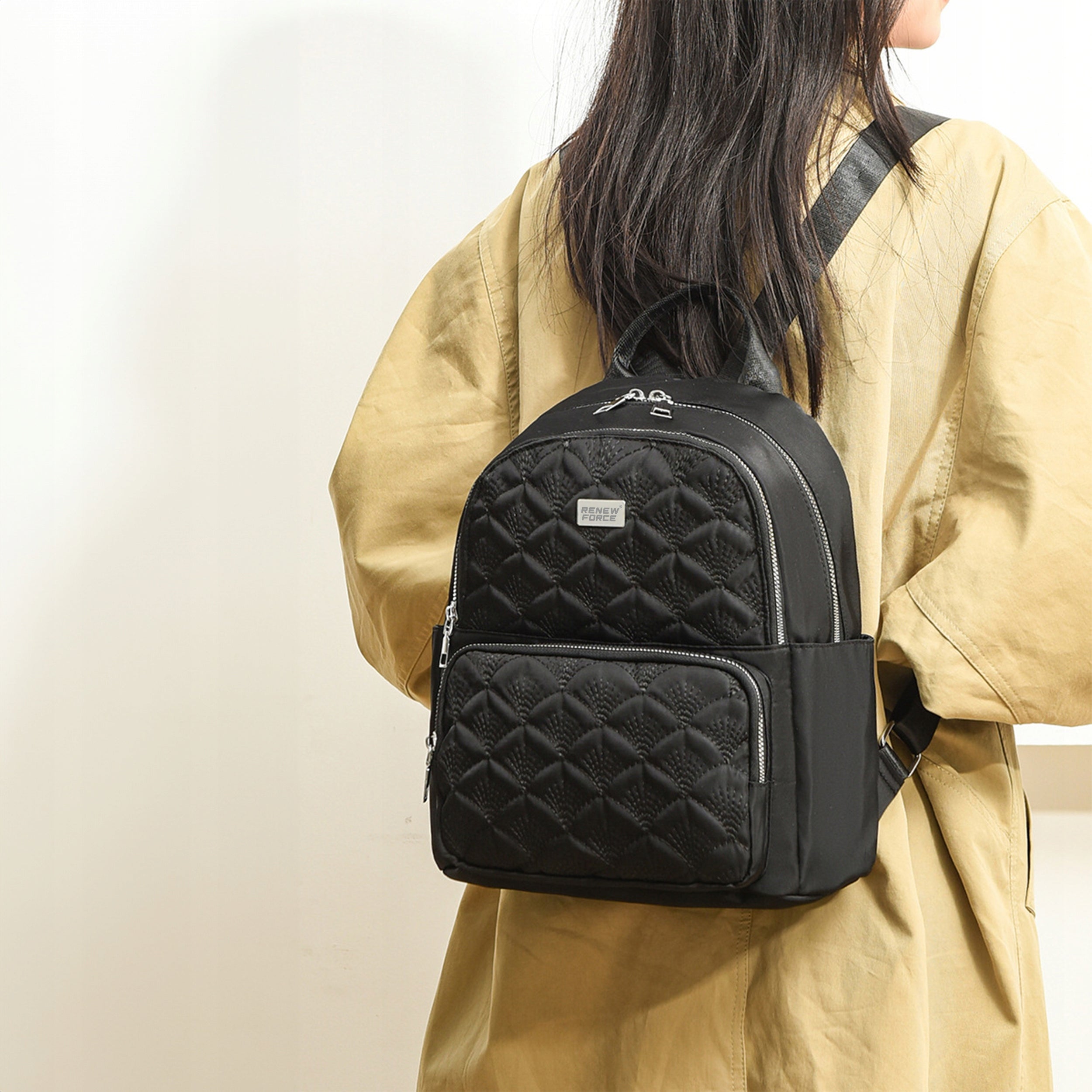 WOMEN'S BACKPACK BLACK BACKPACK ROOMY Silver Zipper A4 for Women Female Brand Renew Force