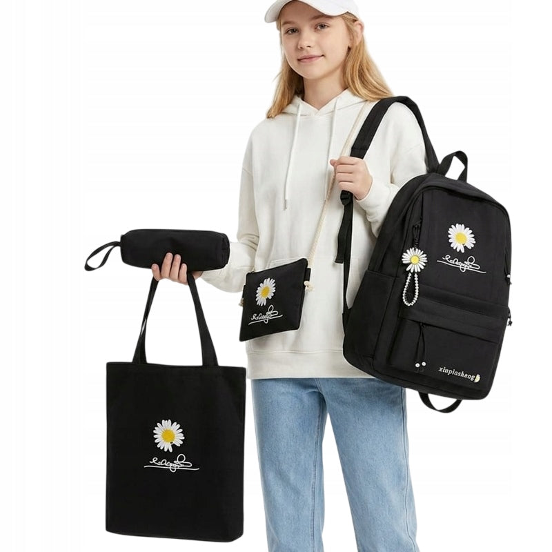WOMEN'S BACKPACK BLACK SET 4IN1 BAG SCHOOL PENCIL CASE
