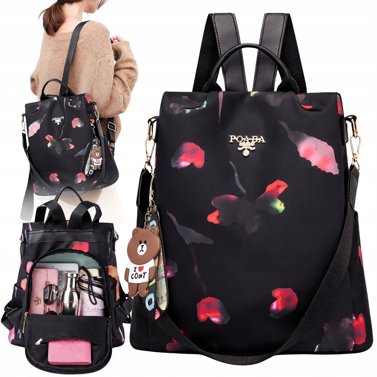 WOMEN'S BACKPACK BLACK SMALL BACKPACK CITY SHOULDER BAG LIGHT 2IN1