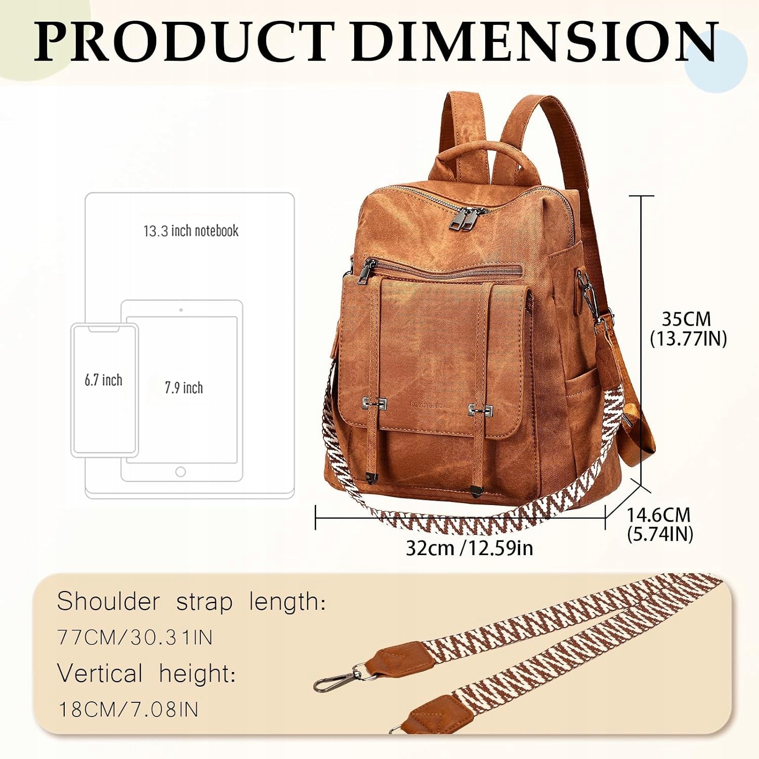 WOMEN'S BACKPACK ECO LEATHER PU BAG 3IN1 WATERPROOF ANTI-THEFT BROWN Packaging status original