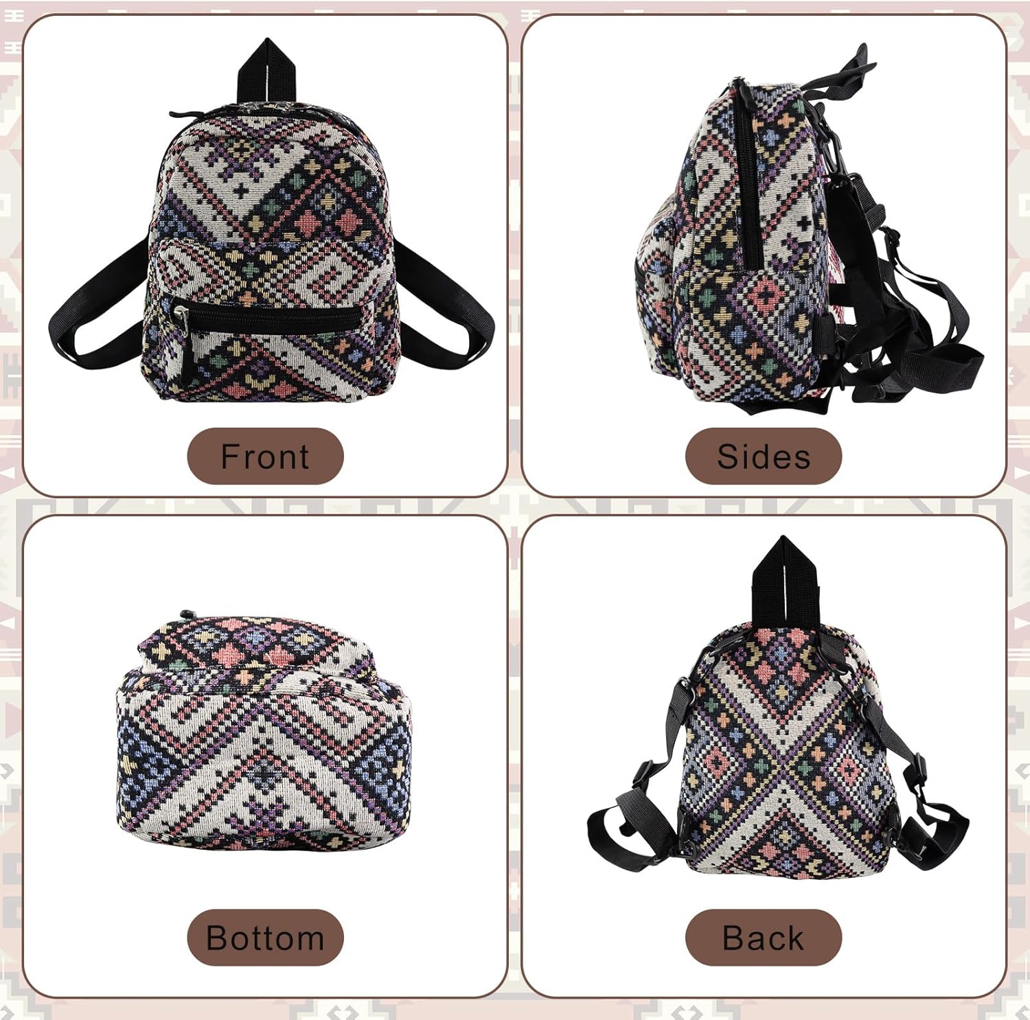 WOMEN'S BACKPACK MINI BOHO 29X17,5X8 CM BLACK WITH ZIPPER PATTERN Color black