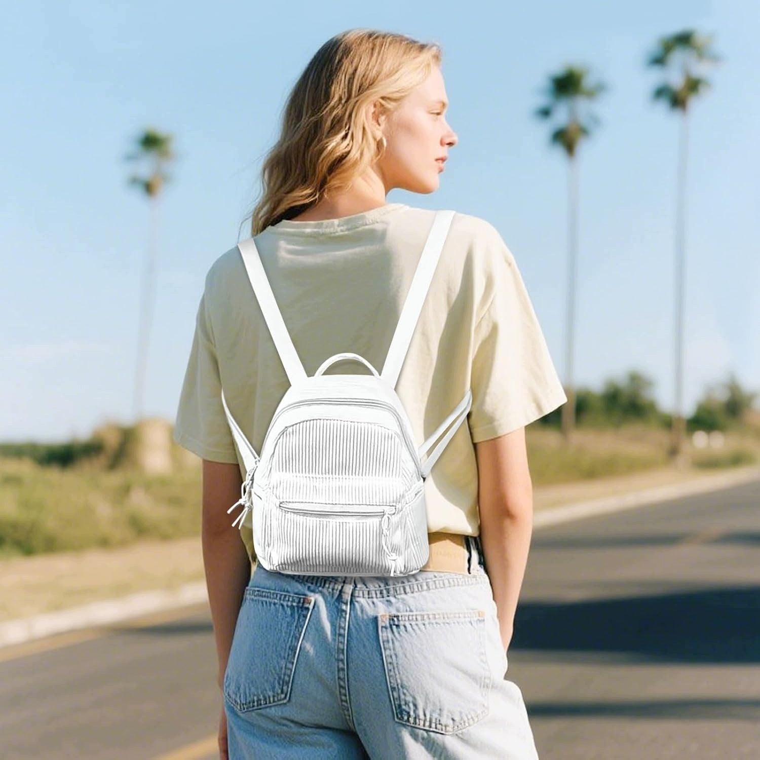 WOMEN'S BACKPACK MINI CORDUROY WHITE CASUAL FOR TRIPS Brand no brand