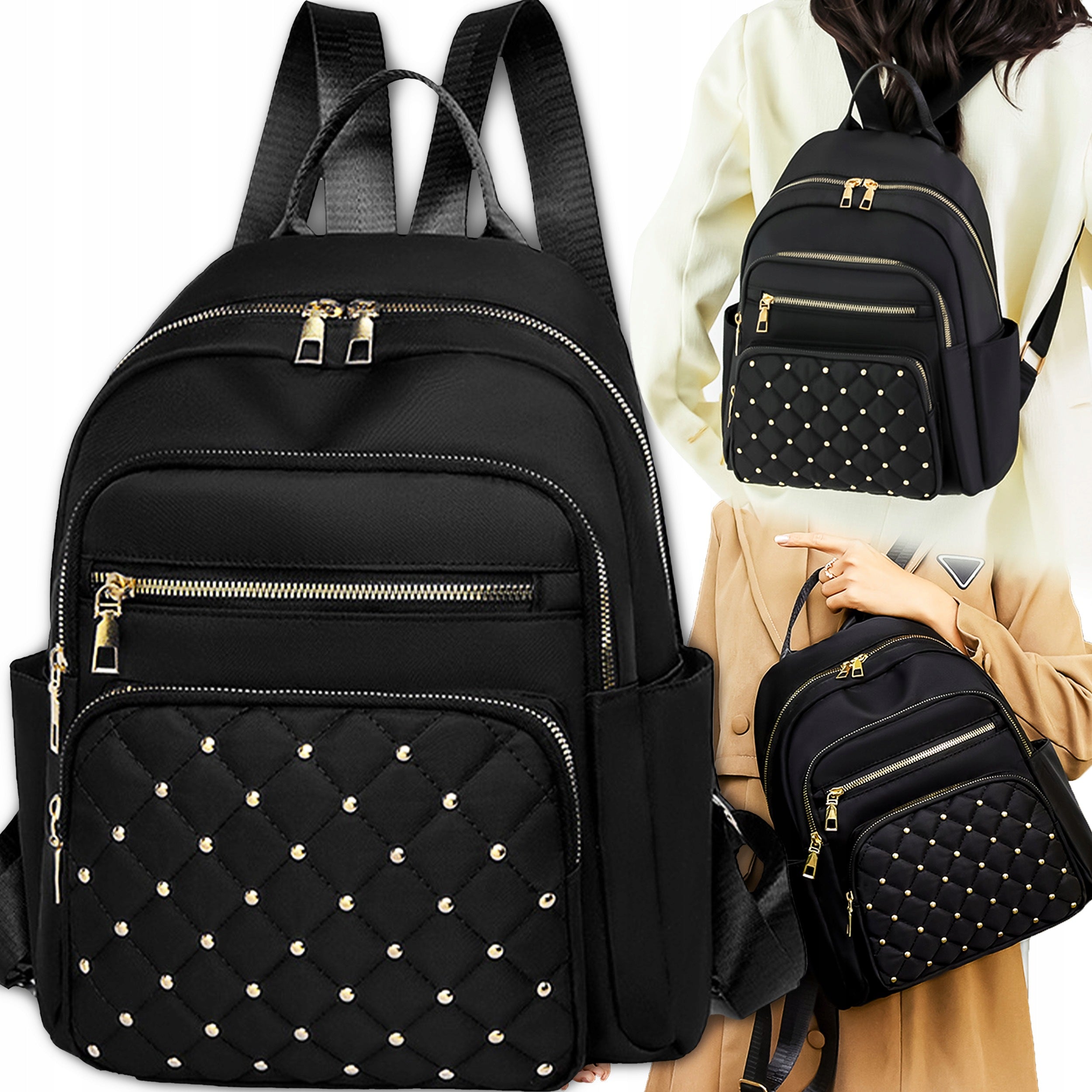 WOMEN'S BACKPACK ROOMY Urban School QUILTED Shoulder Bag Lightweight Black
