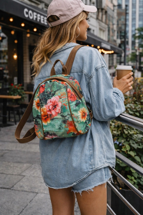 WOMEN'S BACKPACK SMALL BACKPACK WITH FLOWERS CITY SMALL BAG FOR HOLIDAYS 2IN1 Kind city