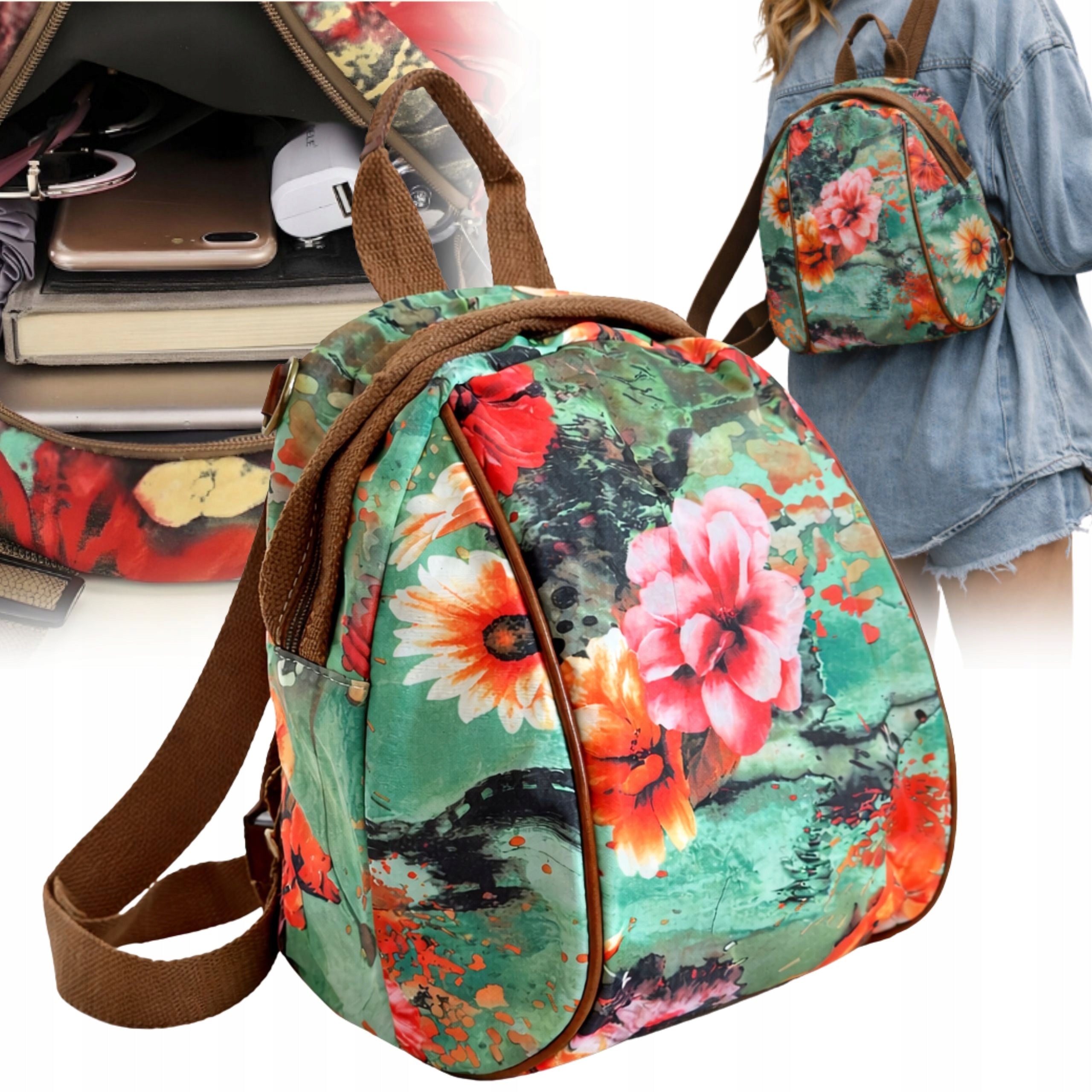 WOMEN'S BACKPACK SMALL BACKPACK WITH FLOWERS CITY SMALL BAG FOR HOLIDAYS 2IN1