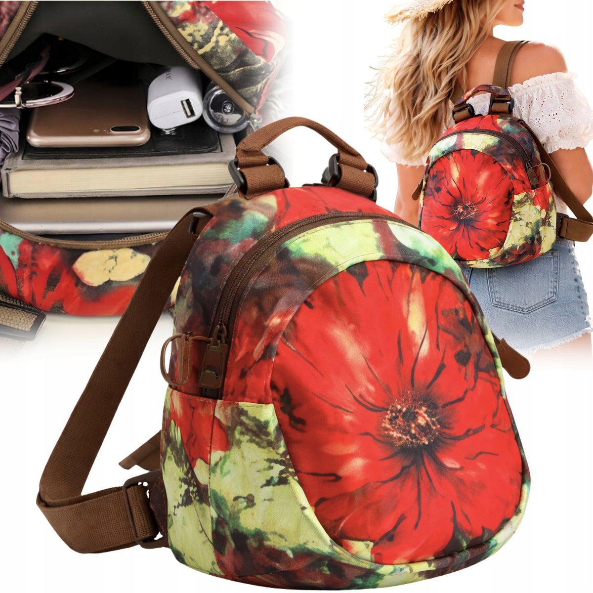 WOMEN'S BACKPACK SMALL BACKPACK WITH FLOWERS CITY SMALL BAG FOR HOLIDAYS 2IN1