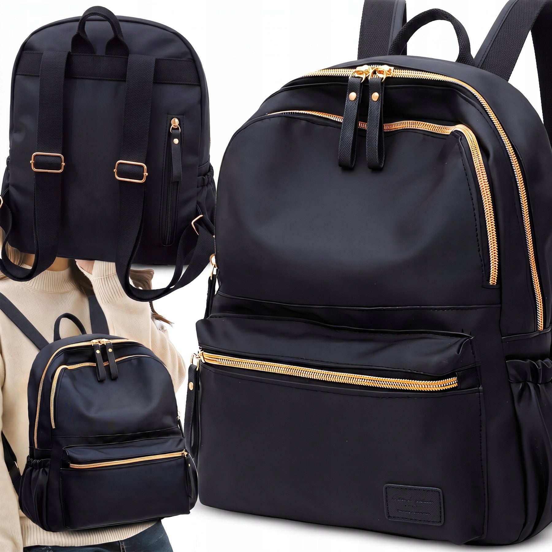 WOMEN'S BACKPACK URBAN BLACK ROOMY WOMEN'S SHOULDER BAG FOR SCHOOL WORK