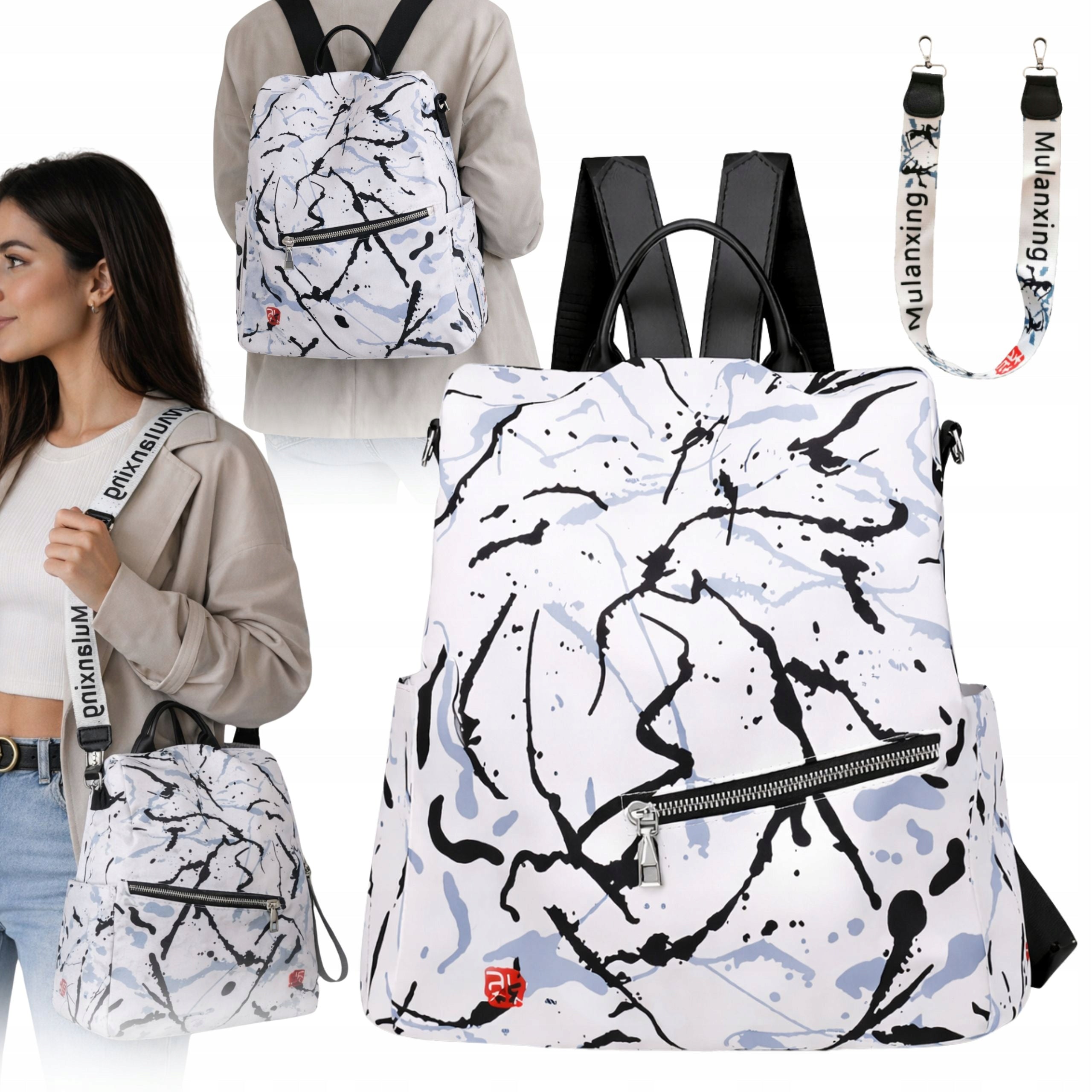 WOMEN'S BACKPACK WHITE SMALL BACKPACK CITY SHOULDER BAG LIGHT 2IN1 J-08-