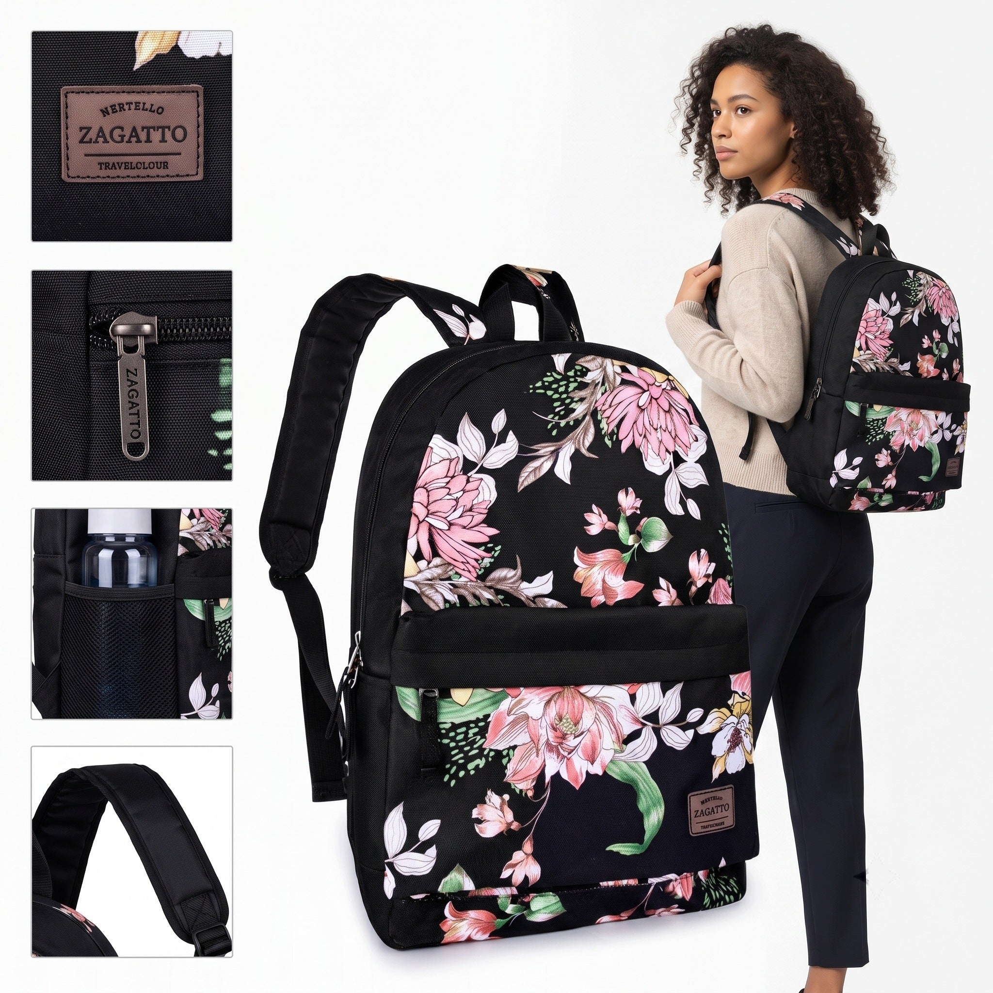 WOMEN'S BACKPACK WITH FLOWERS PINK BLACK SCHOOL FOR WORK LARGE LIGHT XL