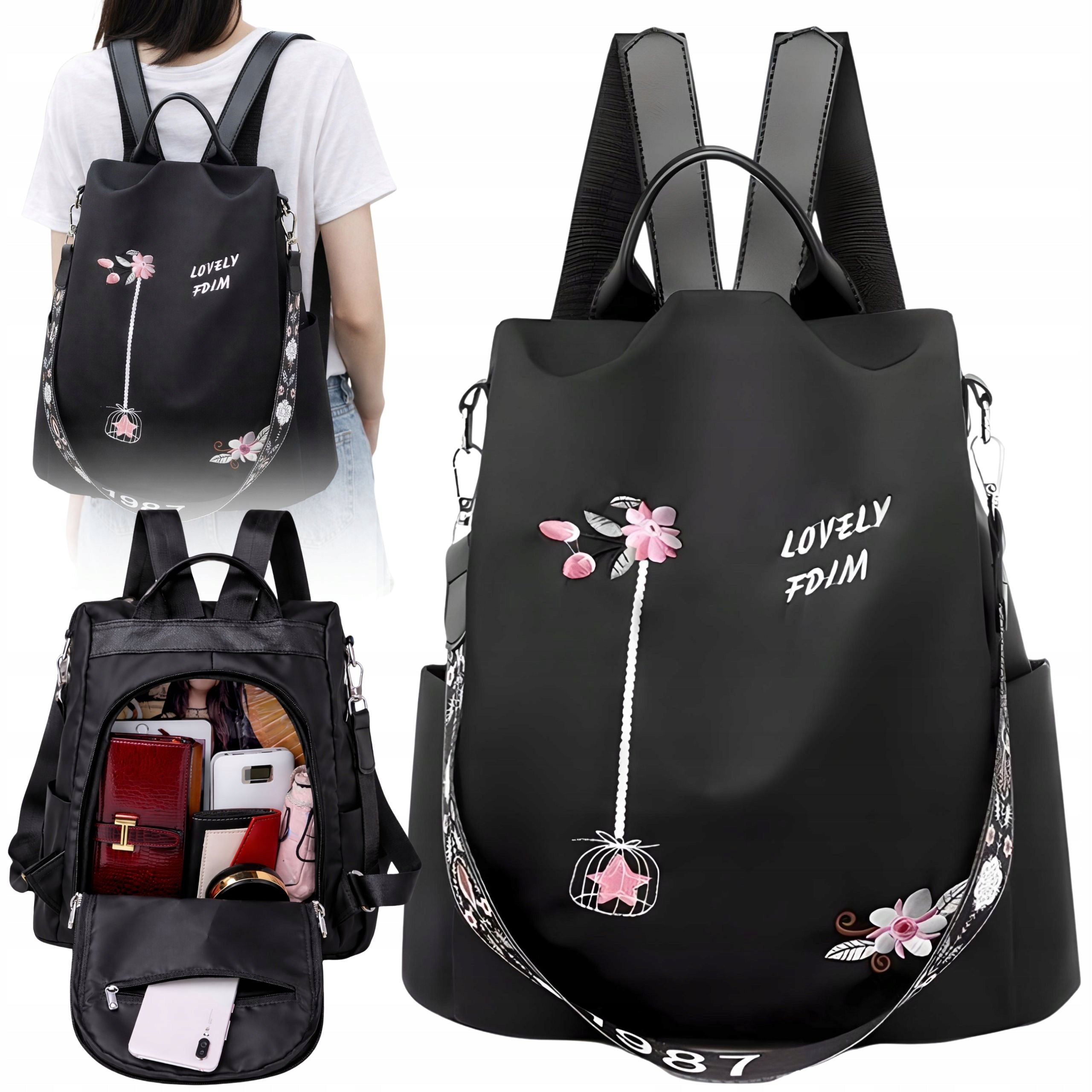 WOMEN'S BACKPACK WITH FLOWERS SMALL BACKPACK CITY SHOULDER BAG 2IN1