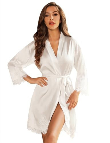WOMEN'S BATHROBE SATIN LACE KIMONO WEDDING BRIDESMAID WHITE Wedding Brand no brand