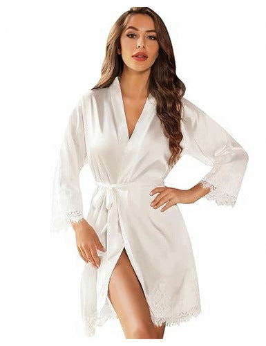 WOMEN'S BATHROBE SATIN LACE KIMONO WEDDING BRIDESMAID WHITE Wedding
